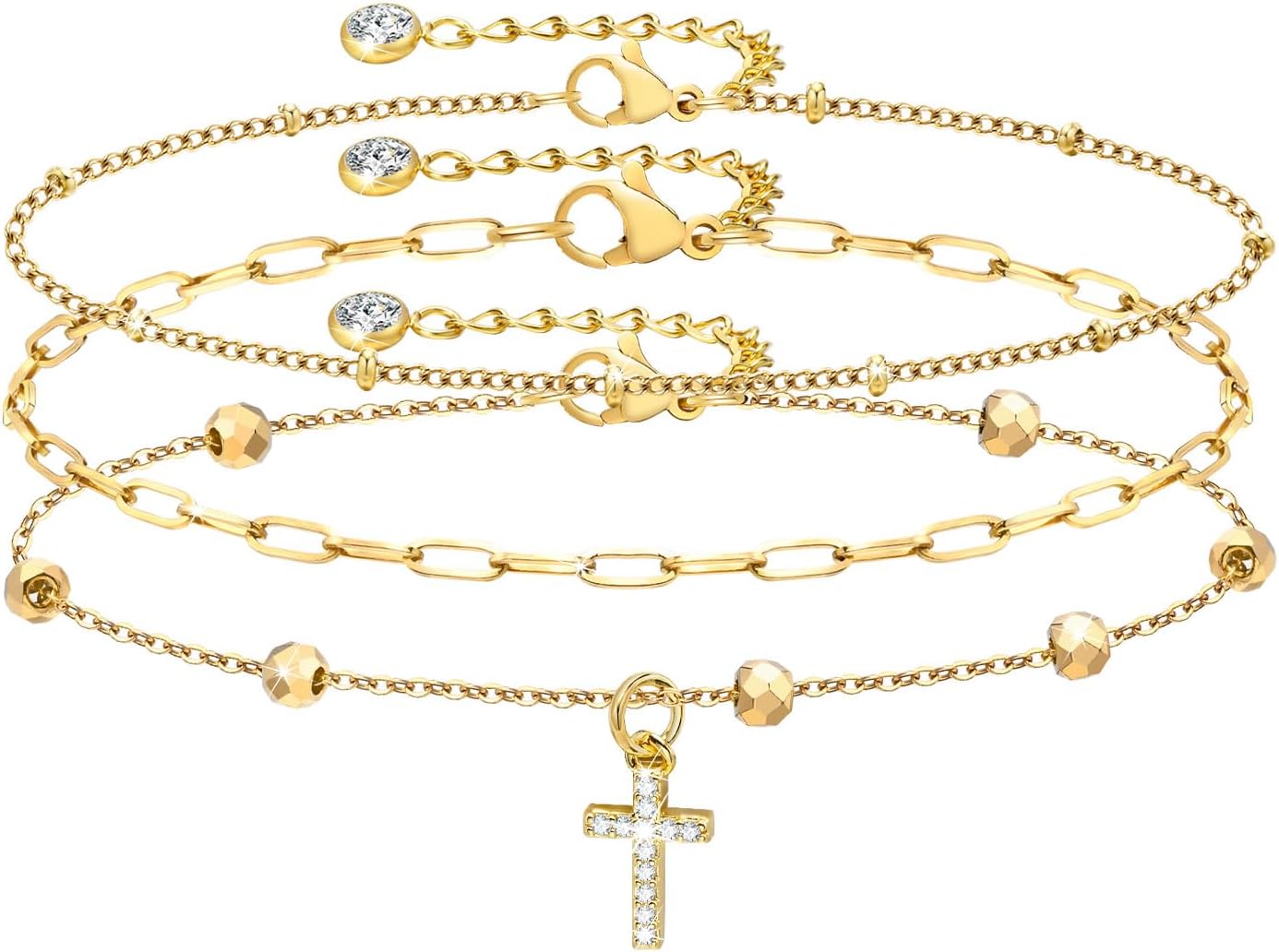 TempBeau Gold Ankle Bracelets for Women 3Pcs Set Layered Adjustable Chain Link Anklets for Women Summer Beach Foot Jewely Brithday Gifts fo Women Girlfriend Wife Mom