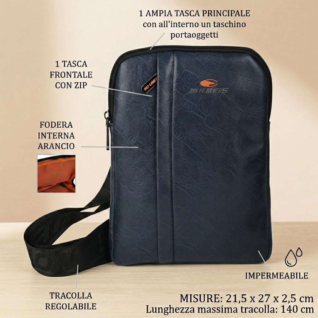 No Limits Borsello Uomo Tracolla Regolabile, Impermeabile, Con Fodera Arancione, Borsa a Spalla in PU, Multitasche Con Zip