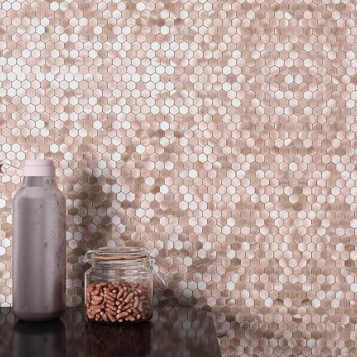 BeNice Metal Mini Hexagon Stick on Mosaic Tiles Stickers for Kitchen Splashback Self Adhesive Wall Fireplace(10 Sheets,Brown Rose Gold)