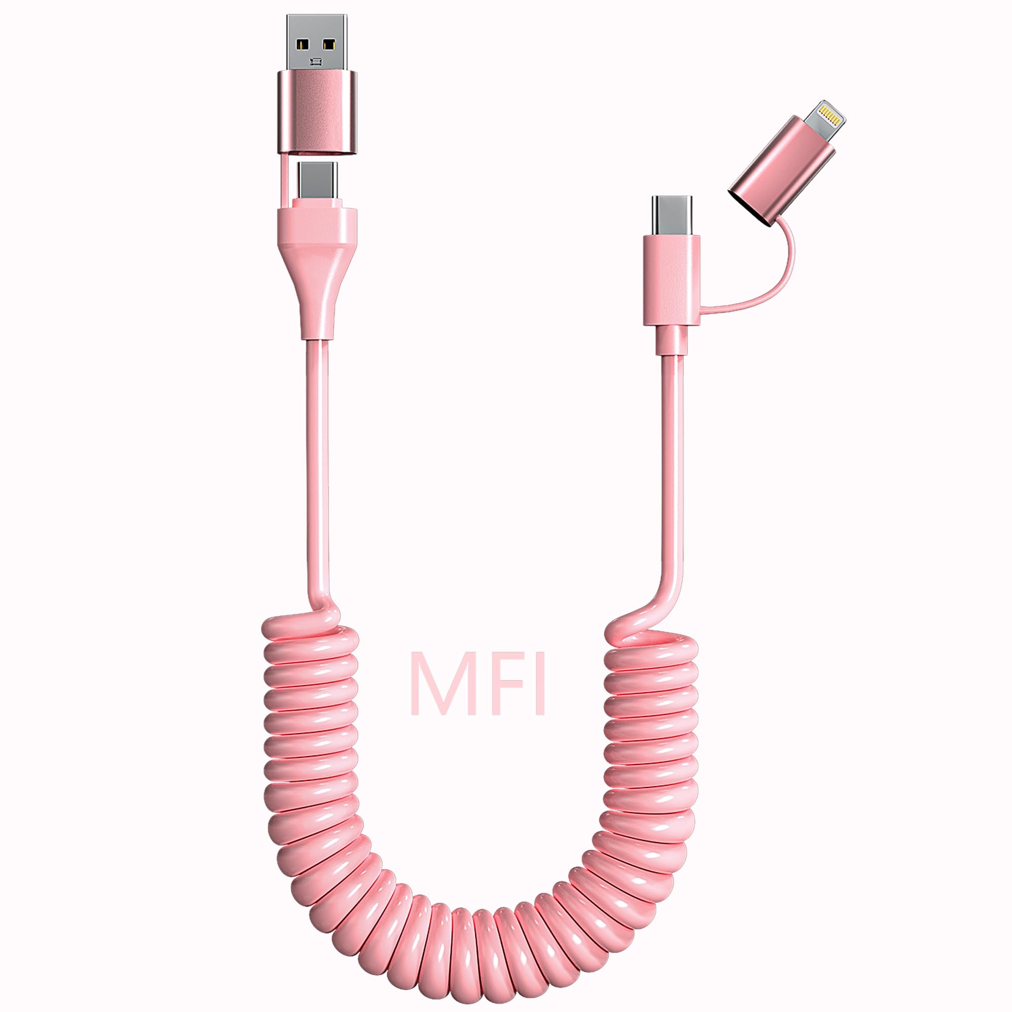 Coiled USB C Lightning Cable 4 in 1 [Apple Carplay Android Auto], 60W Fast Charging USB C to USB C Cable MFi Certified, iPhone Car Pink Charger Carplay Cord for iPhone 16 15 14 iPad Android