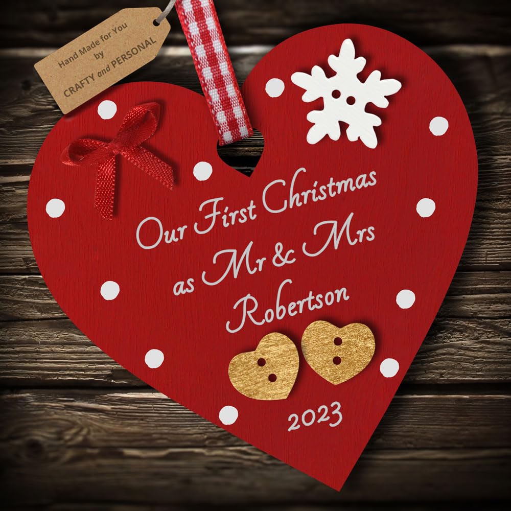 Multi-Colour Personalised Our First Christmas as Mr and Mrs Bauble tree decoration wooden heart hanging ornament keepsake for married couple, husband and wife (Deep Red #2)