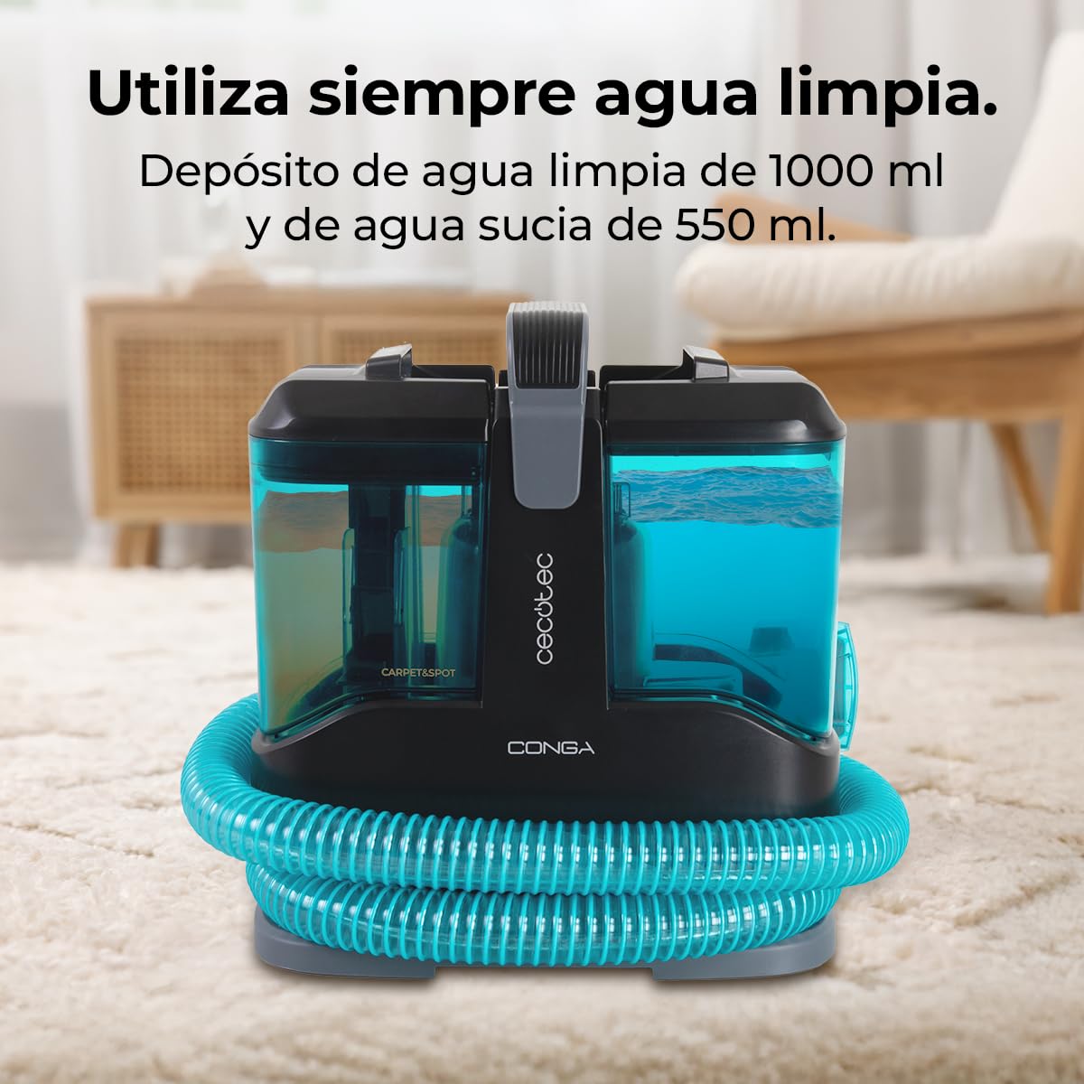 Cecotec Limpiador Aspirador de Tapicerias y Alfombras con Cable Conga 3000 Carpet&Spot Clean Max. 450W, 13kPa, Diseño Compacto, Depósito de Agua Limpia 1000ml y Agua Sucia 550ml, Spray Pulverizador