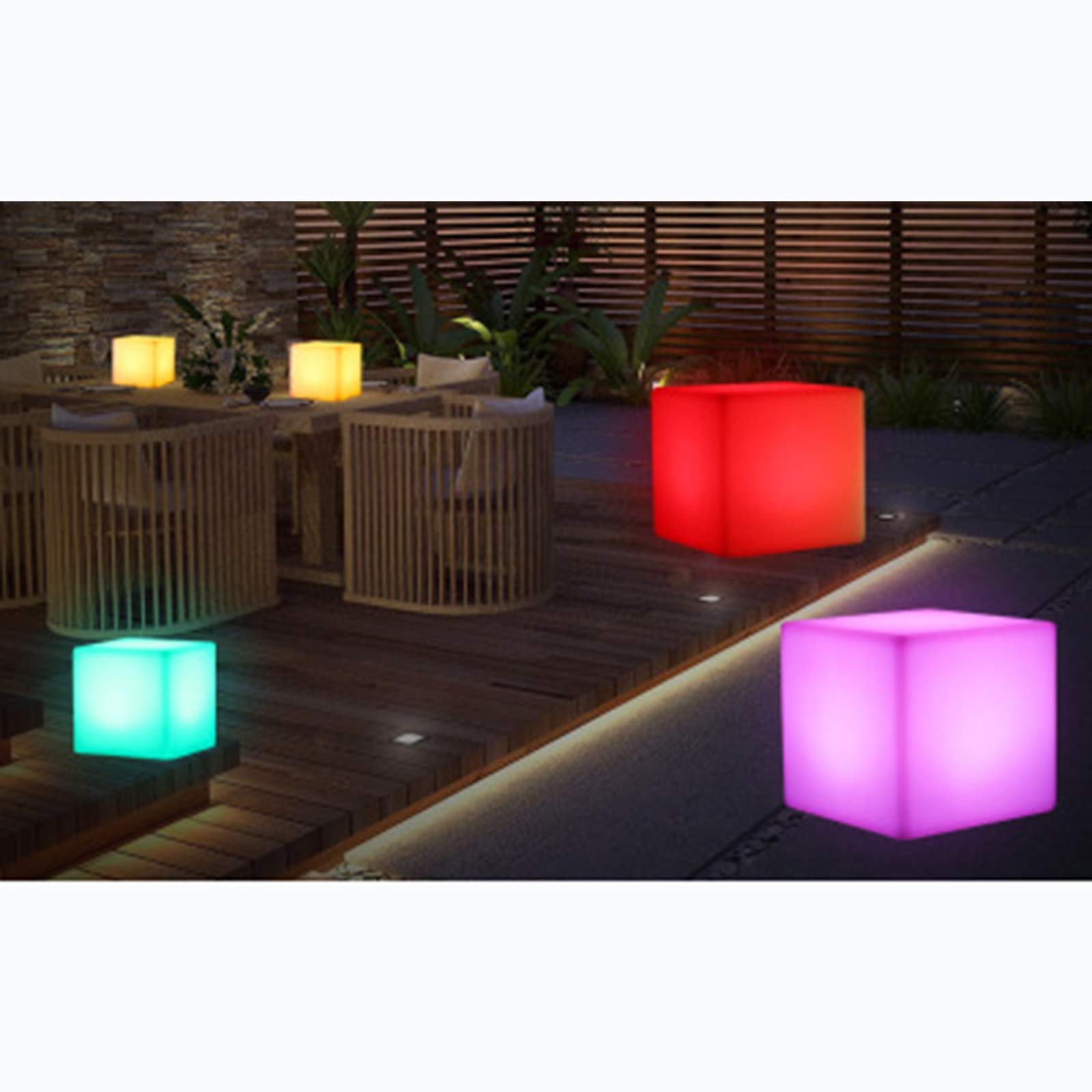 Taboret kwadratowy LED, 30 x 30 x 30 cm, kostka świetlna, zewnętrzna, wodoszczelny, z pilotem zdalnego sterowania, 7 ściemnianych kolorów, zmiana kolorów RGB, nastrojowe światło, stołek do ogrodu, na