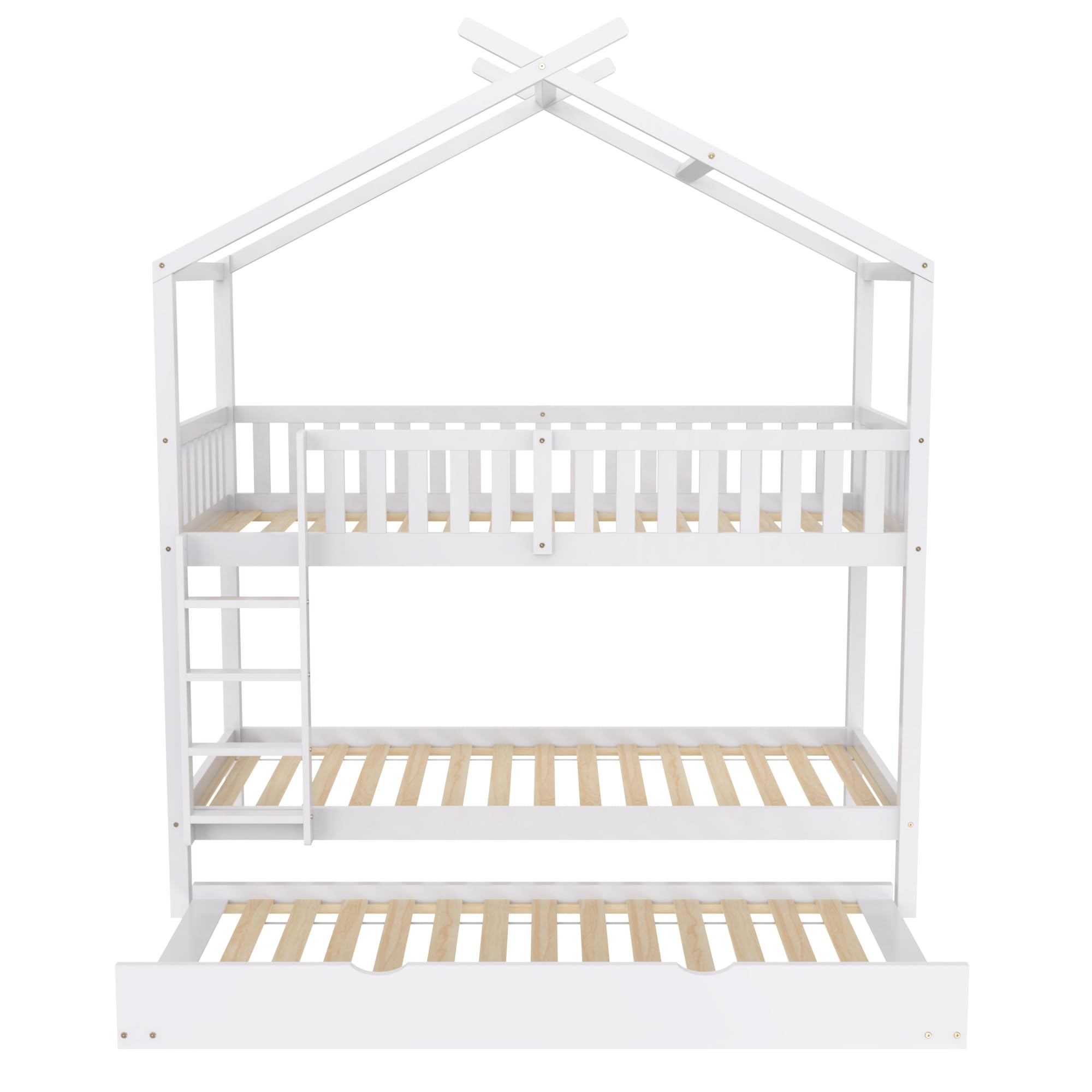 Azkoeesy Letto a Castello con Letto Estraibile per 3 bambini, design a forma di casa, con scale di sicurezza e protezione anticaduta, base per 3 letto, legno di pino, bianco - N634W0001A