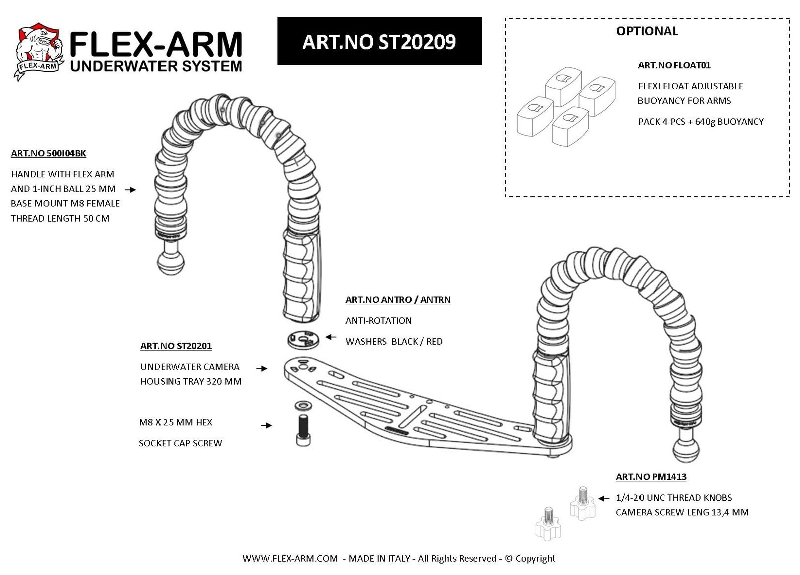 Soporte de fundas para fotografía subacuática, brazo flexible, terminal esférico de 25 mm, fotosub – Cámaras subacuáticas compactas FLEX-ARM ST20209