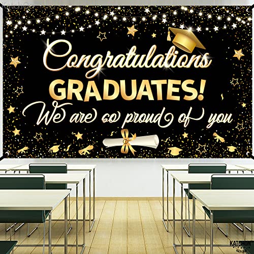 Image of Graduation Decorations 2026 | XtraLarge Congrats Grad Banner - 72x44 Inch, Graduation Banner | Congratulations Backdrop | Black and Gold We are So Proud of You Backdrop Class of 2026, KatchOn