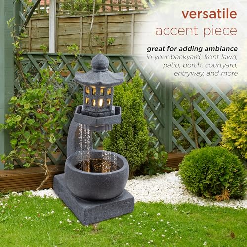 Image of Alpine Corporation DIG370 31 inch Outdoor Zen Pagoda Water Fountain with LED Lights & Illuminated Stone Bowl - Tranquil Garden Water Feature for Relaxation and Ambiance, Gray