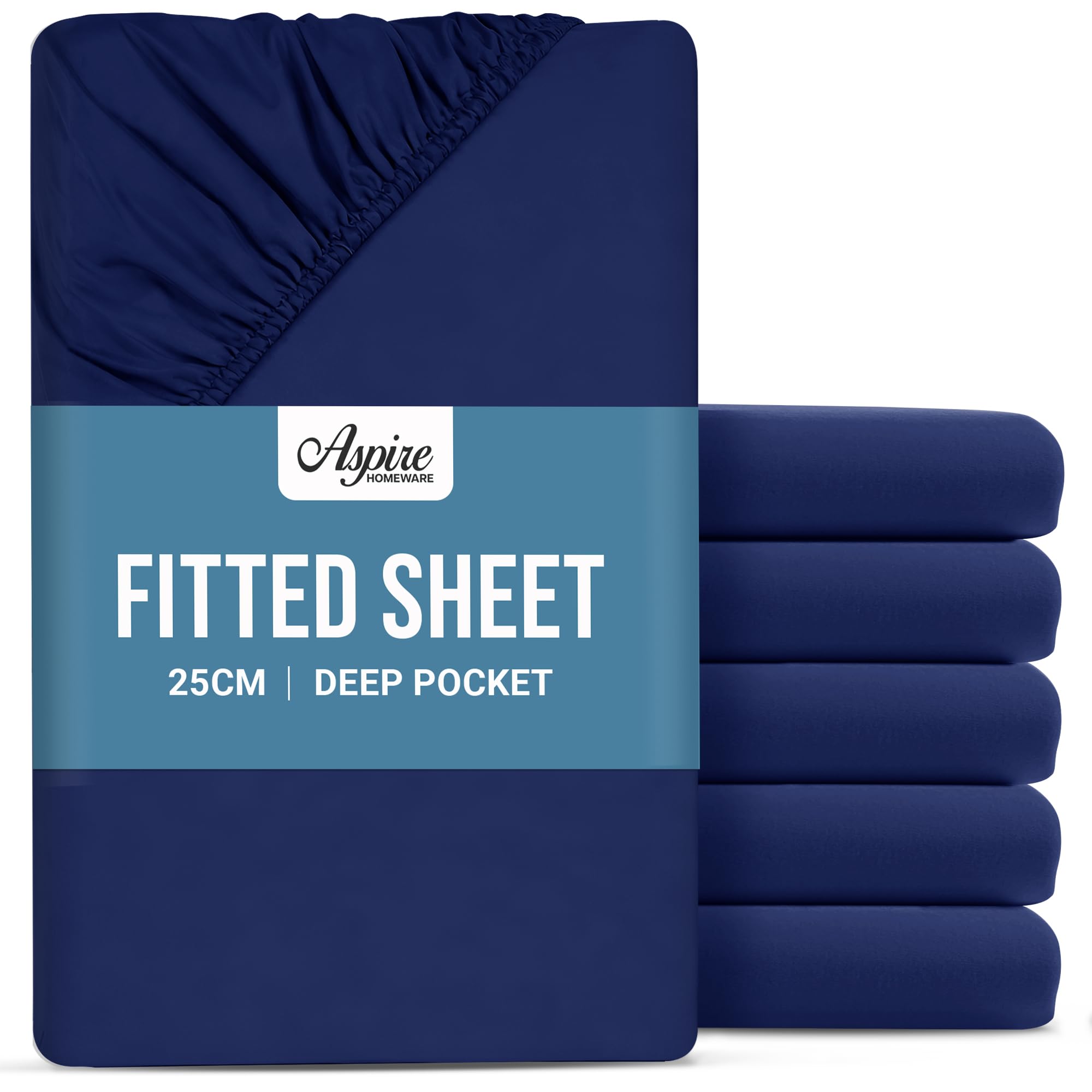Aspire Homeware Single Fitted Sheet 6 Pack - 25 cm Deep Hotel Quality (Navy) Bed Sheets - Soft & Breathable Fitted Sheet Single Bed - Anti-Wrinkle Easy Care Fitted Sheets