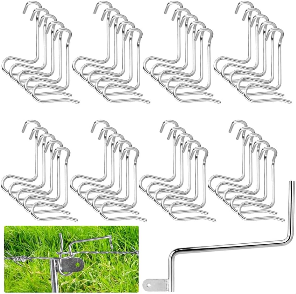 for Tightening Wire Fence Post, Garden Fence Wire Repair Tools, 40 Pcs Barbed Wire Tensioners Including 1 Tightener Handle, Fence Wire Tensioning Tools, Fence Repair Kit