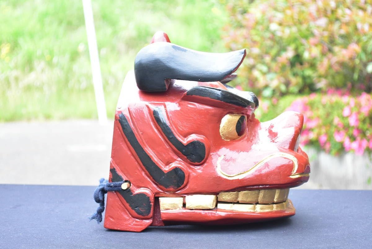 ショップ 獅子頭木彫り 獅子舞 獅子頭 木彫り 魔除け 祭り 置物 古美術