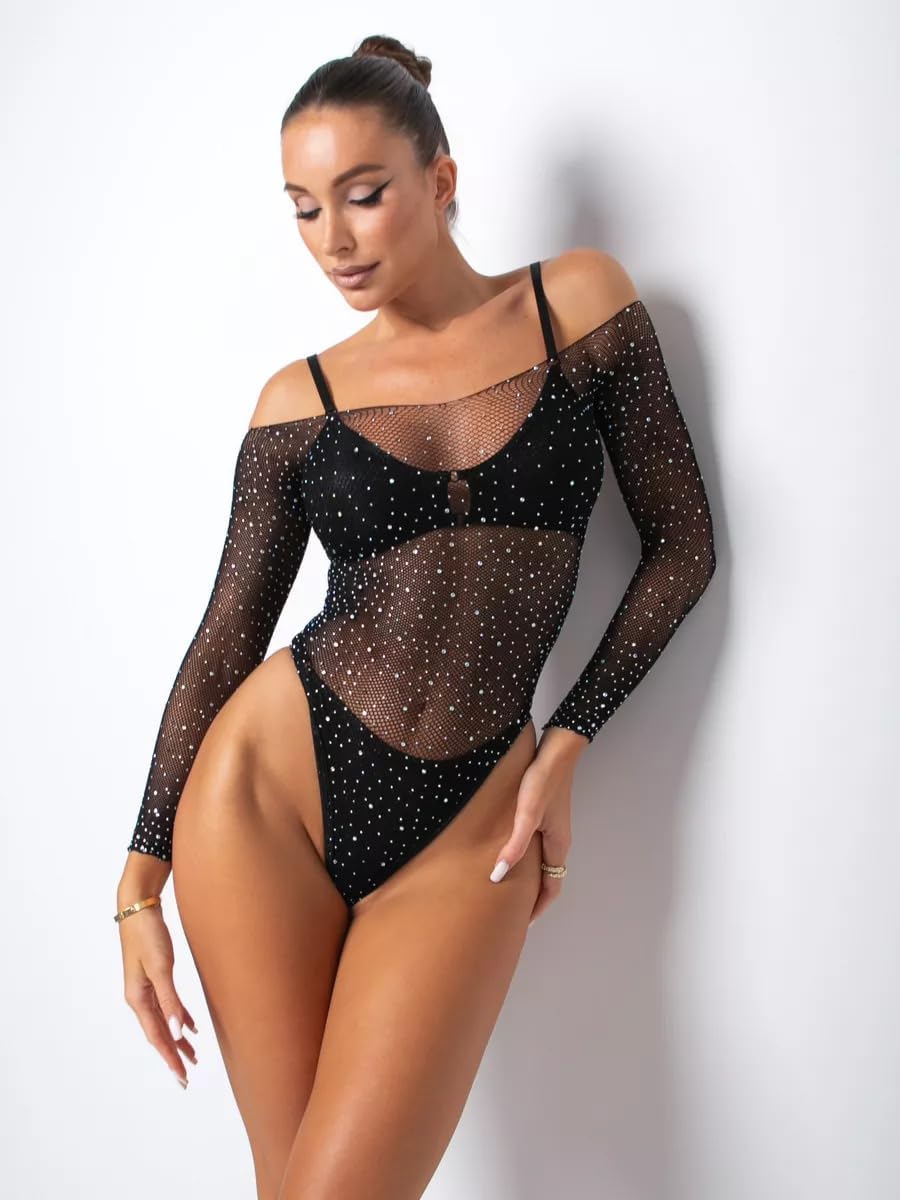 Long Sleeve Mesh Bodysuit Lingerie for Women — Sheer Body Suit, Rhinestone V-Neck, Lace Trim, Stretch