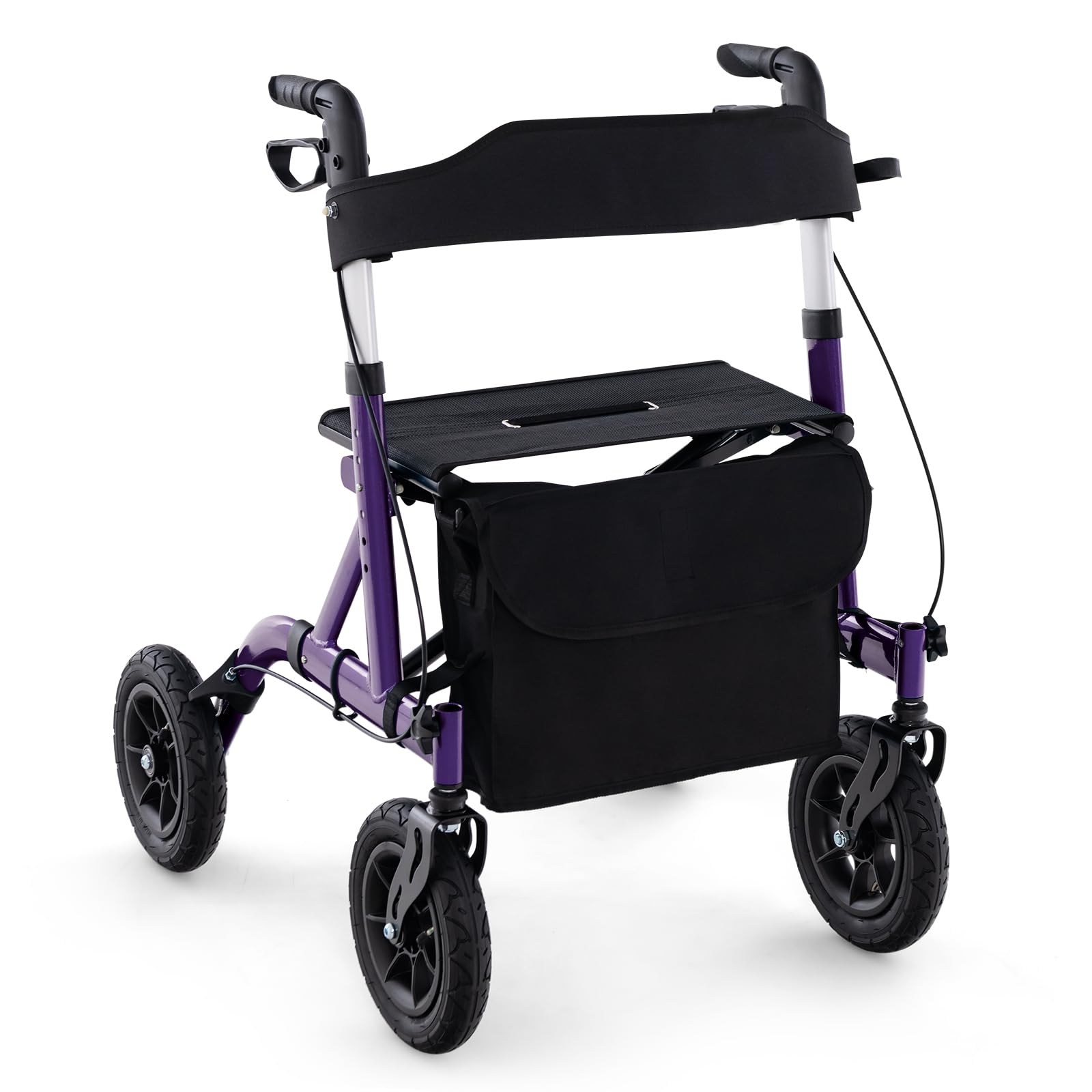 COSTWAY Andador Plegable para Ancianos con Asiento, Andadores Adultos con Ruedas Ajustable en Altura, Rueda Neumática Todo Terreno de 24 cm, Bolsa de Almacenamiento, Capacidad 160 kg (Morado)