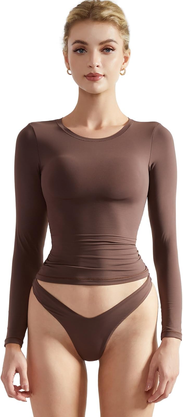 Women Double Lined Fitted Basic T Shirts Crew Neck Long Sleeve Crop Top