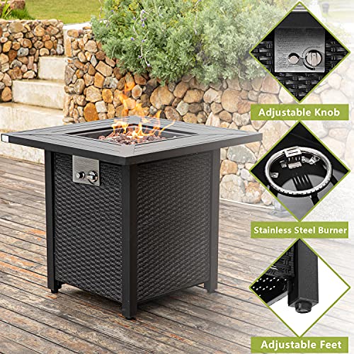 COSIEST Outdoor Metal Fire Table, 28-inch Square Black Brown Fire Pit, 40,000 BTU Auto-Ignition Fire Bowl w Imitation Wicker Base, Internal Propane Tank, Free Brown Lava Rocks