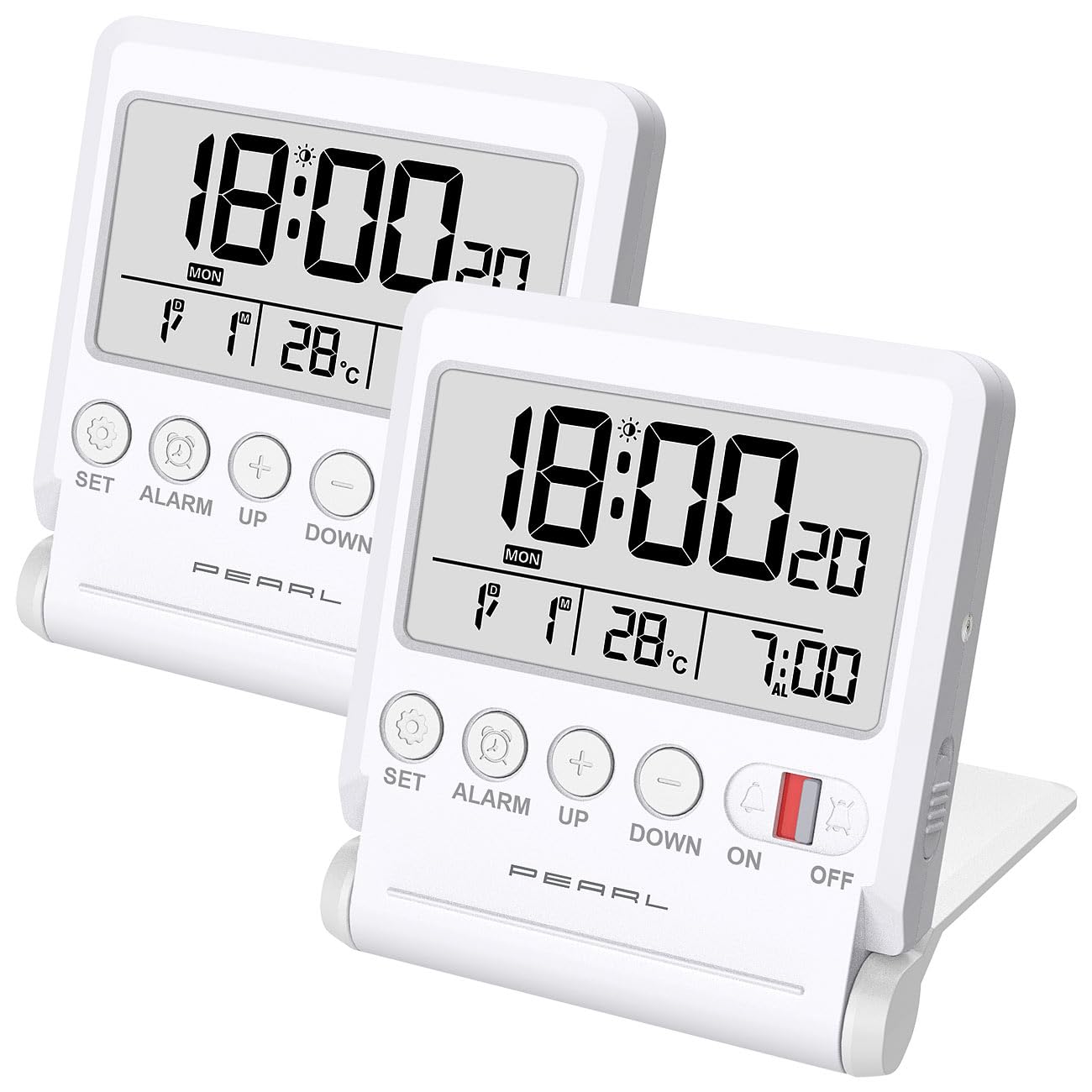 PEARL Uhr-Wecker Uhr-Wecker Kompakter Reise-Funkwecker mit Thermometer & Datum, klappbar (2er-Set)