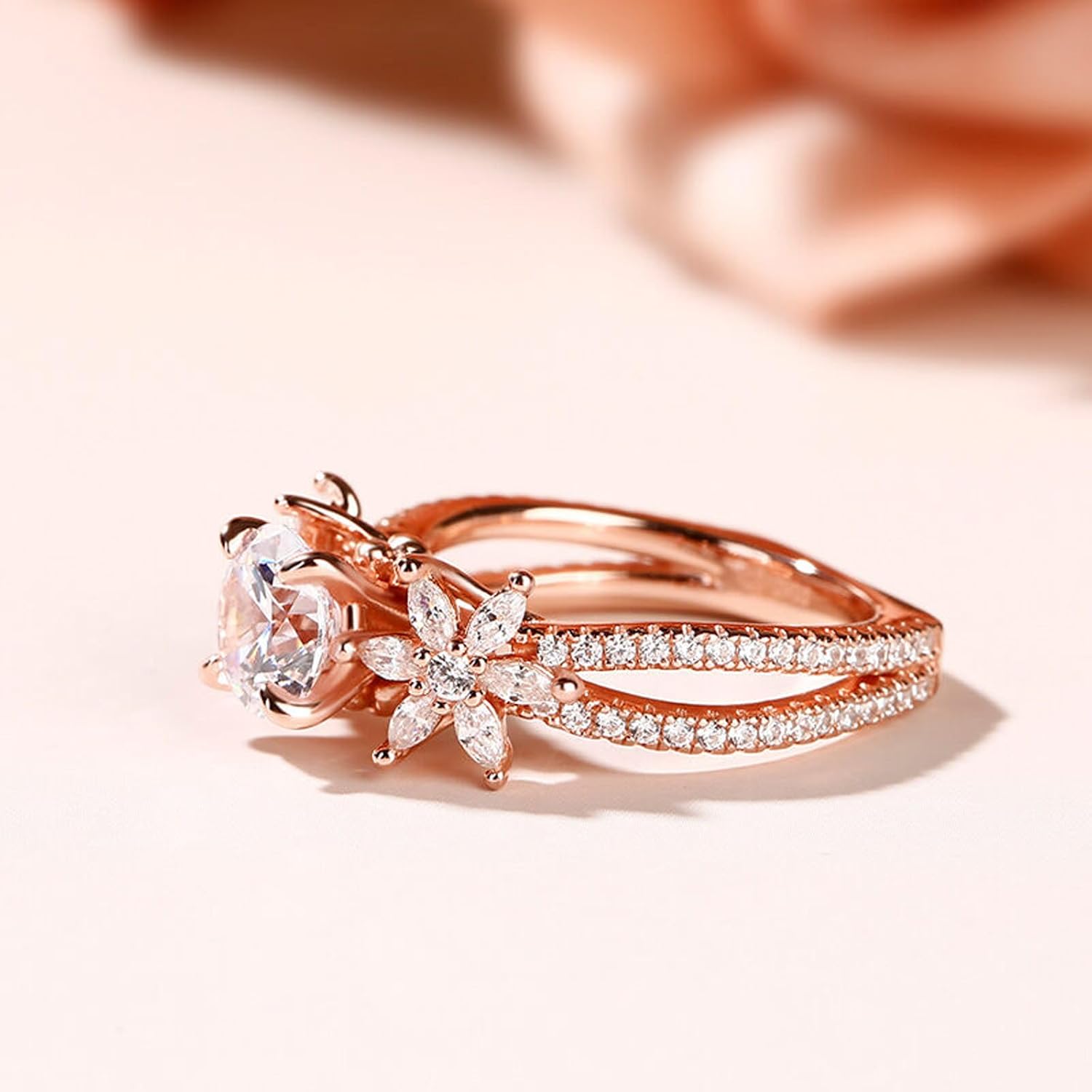 Jeulia Flower Wedding Rings for Women Rose Gold Sterling Silver Moissanite Engagement Band Round Cut CZ Diamond Bridal Set with Jewelry Gift Box