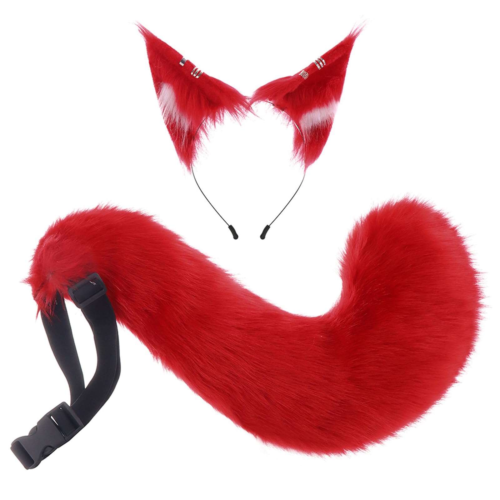 Gliswaieuznd Fluffy Cat Fox Wolf Ears and Tail Set Faux Fur Animal Headband and Poseable Tail for Halloween Cosplay Anime Outfits (Red, One Size)