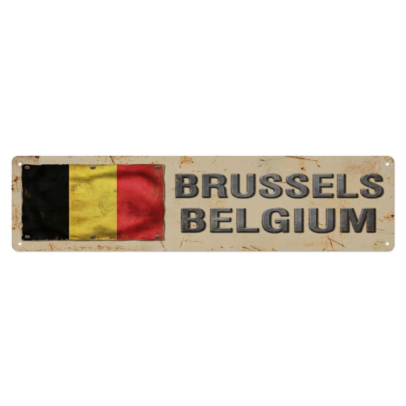 Okahys 4X16inch(10X40cm) Vintage Brussels Belgium Flag Decor Rustic Travel Metal Tin Sign