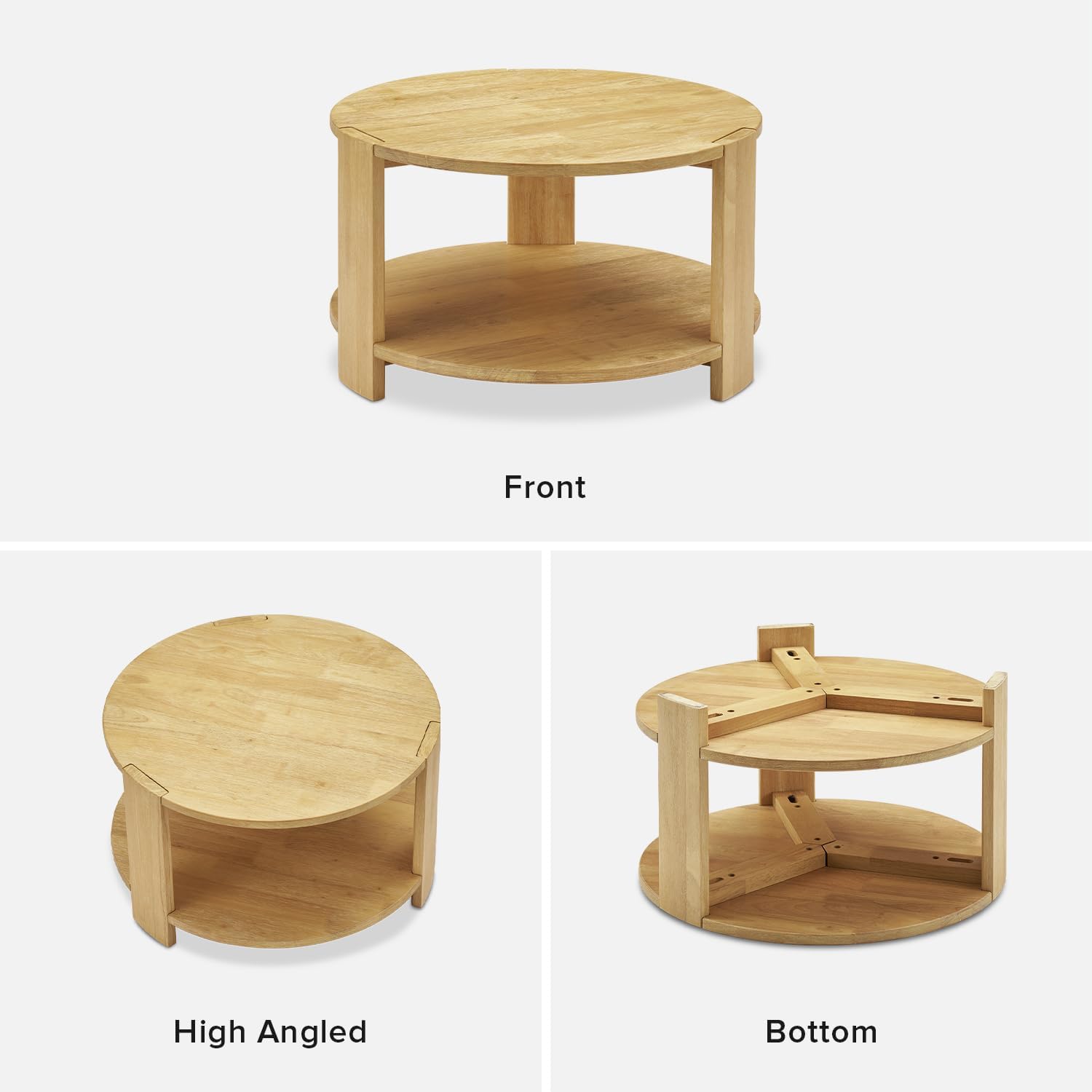 mopio Logan Solid Wood 2-Tier Round Coffee Table, Modern Farmhouse Solid Rubberwood with Light Wire Brush Rectangle Shaped Leg