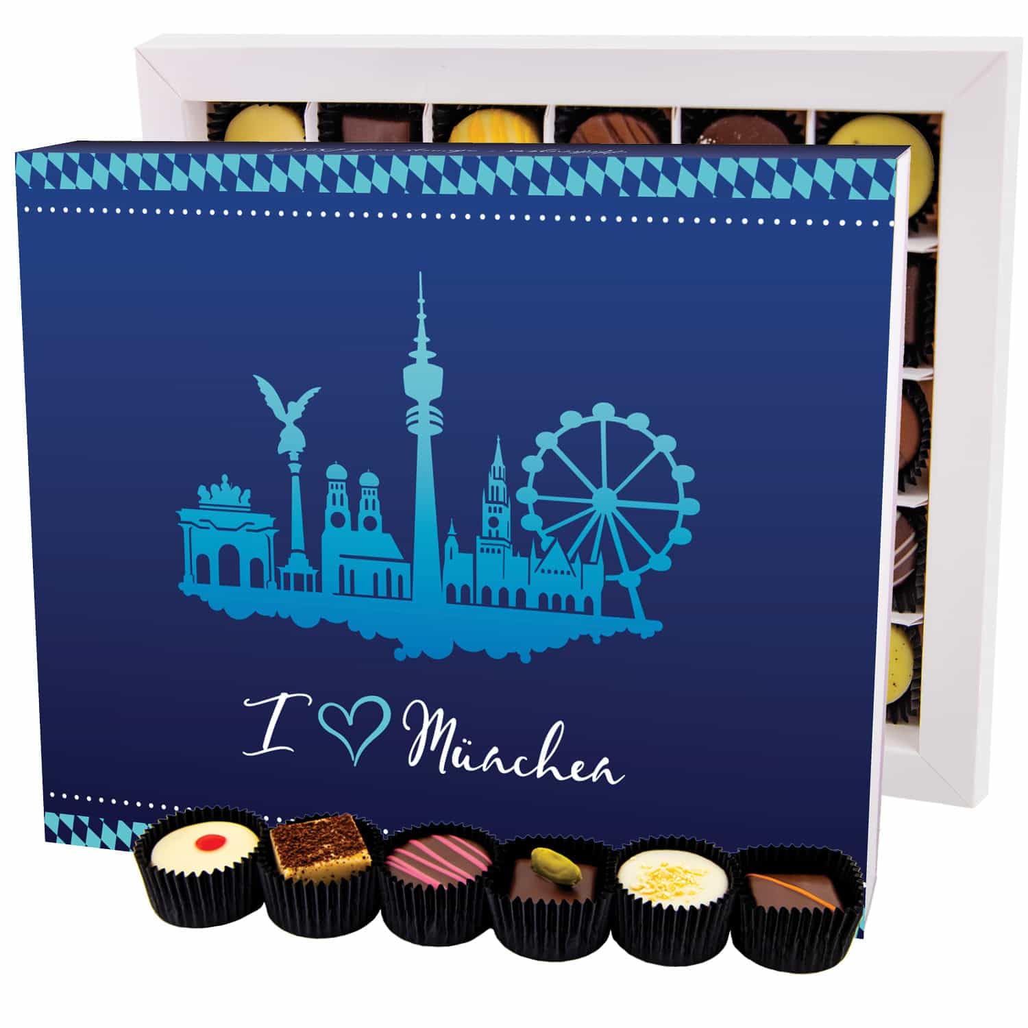 Hallingers Genuss Manufaktur Pralinen Geschenk - ohne Alkohol, handmade aus Confiserie-Edelkakao in wertiger XXL-Geschenkbox "I love München", Geschenkidee für Frauen Männer