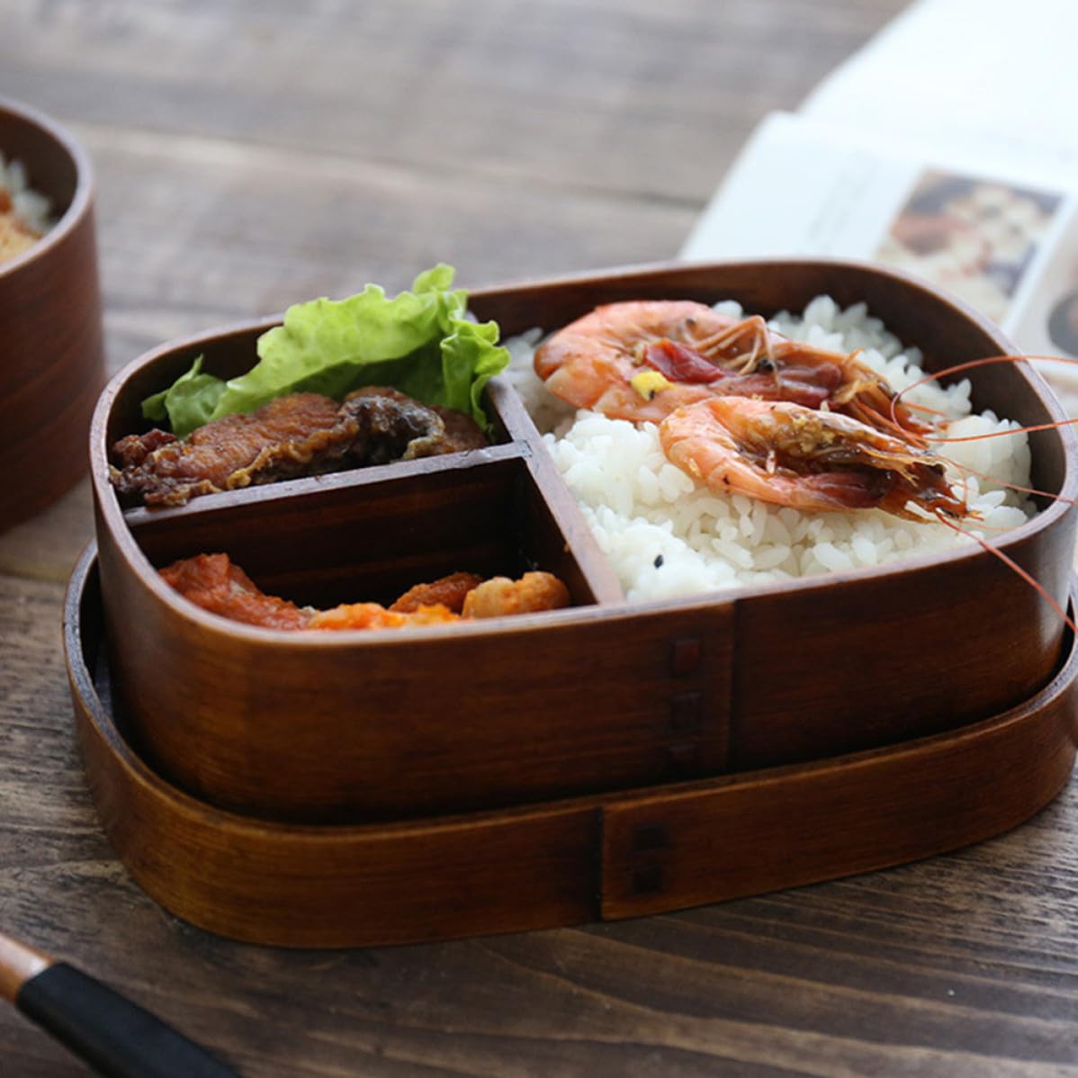 Boîte à Déjeuner Japonaise en Bois, Portable Grosse Capacité, Design Couche et Compartiments Divisés, pour L'école Famille Couleur