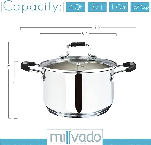 Miniatura 7 de Olla de acero inoxidable de 4 cuartos de galón, olla con tapa de vidrio transparente, orificio de vapor, marcas de medición permanentes, olla de