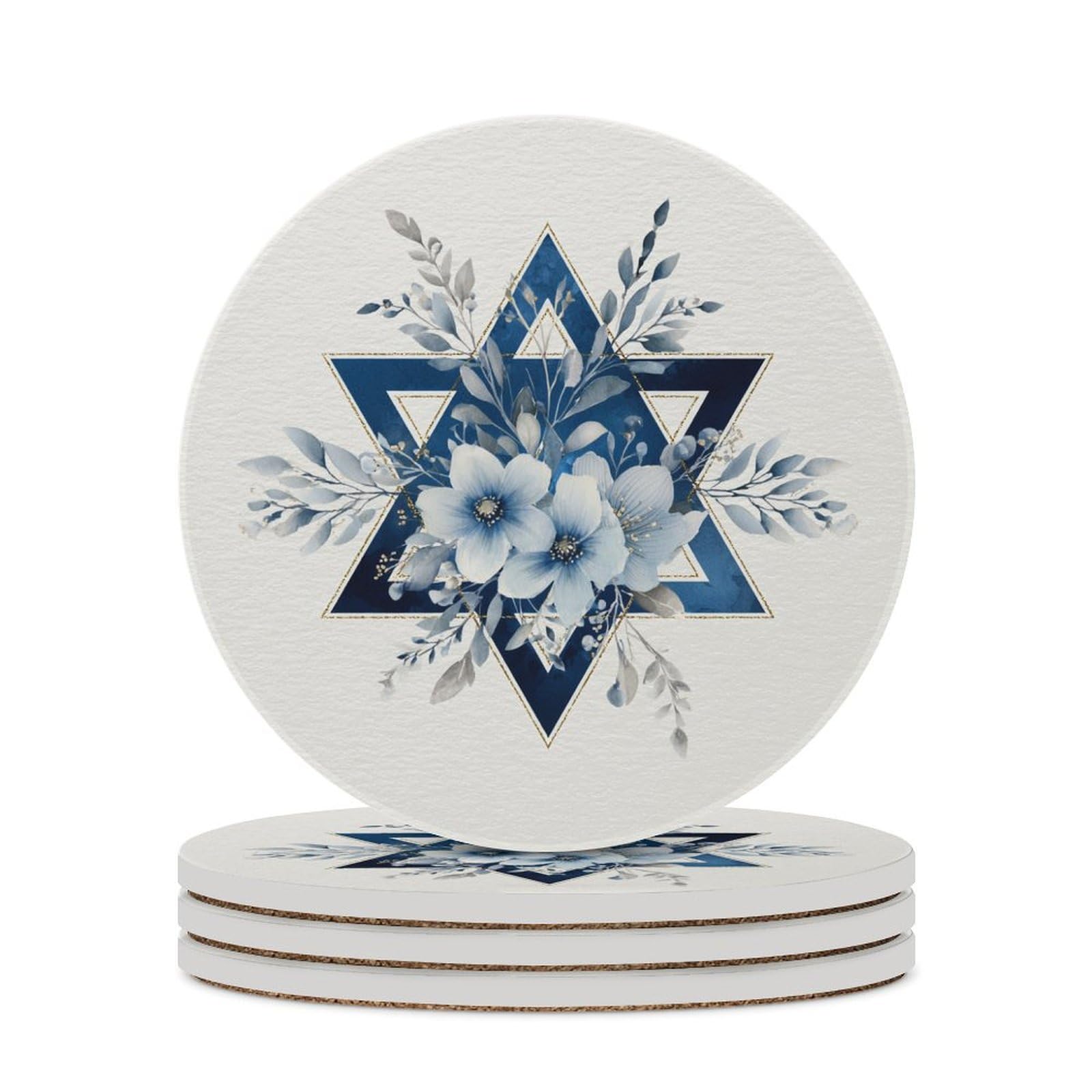 Star And Pale Blue Flowers Coasters Set of 4 Absorbent Coasters