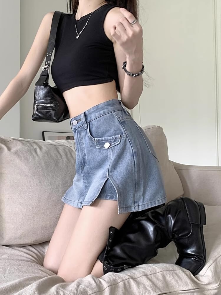 LIXINGHEITANG Large Size Womens Retro Denim Skirt Summer Waist Slim and Design Short Pants