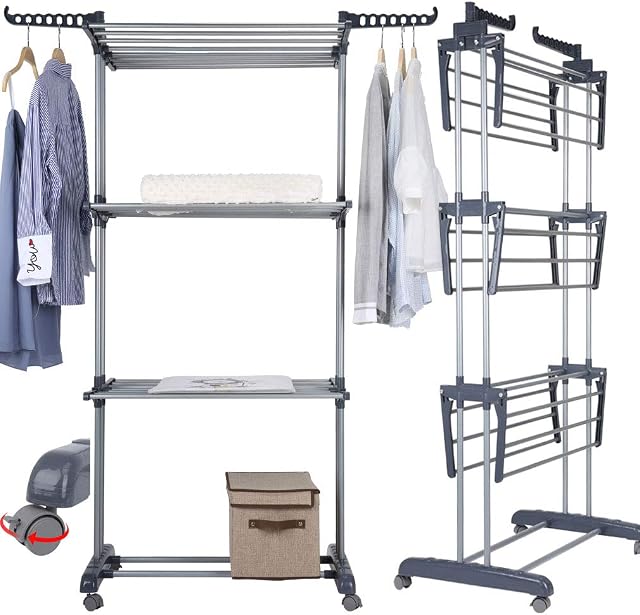 johgee Indoor Clothes Airer on 3 Levels on 4 Wheels (2 Parking Brake, ABS Plastic) Maximum Load: 38 kg, Large Capacity Size 172 x 72 x 50 cm, grey