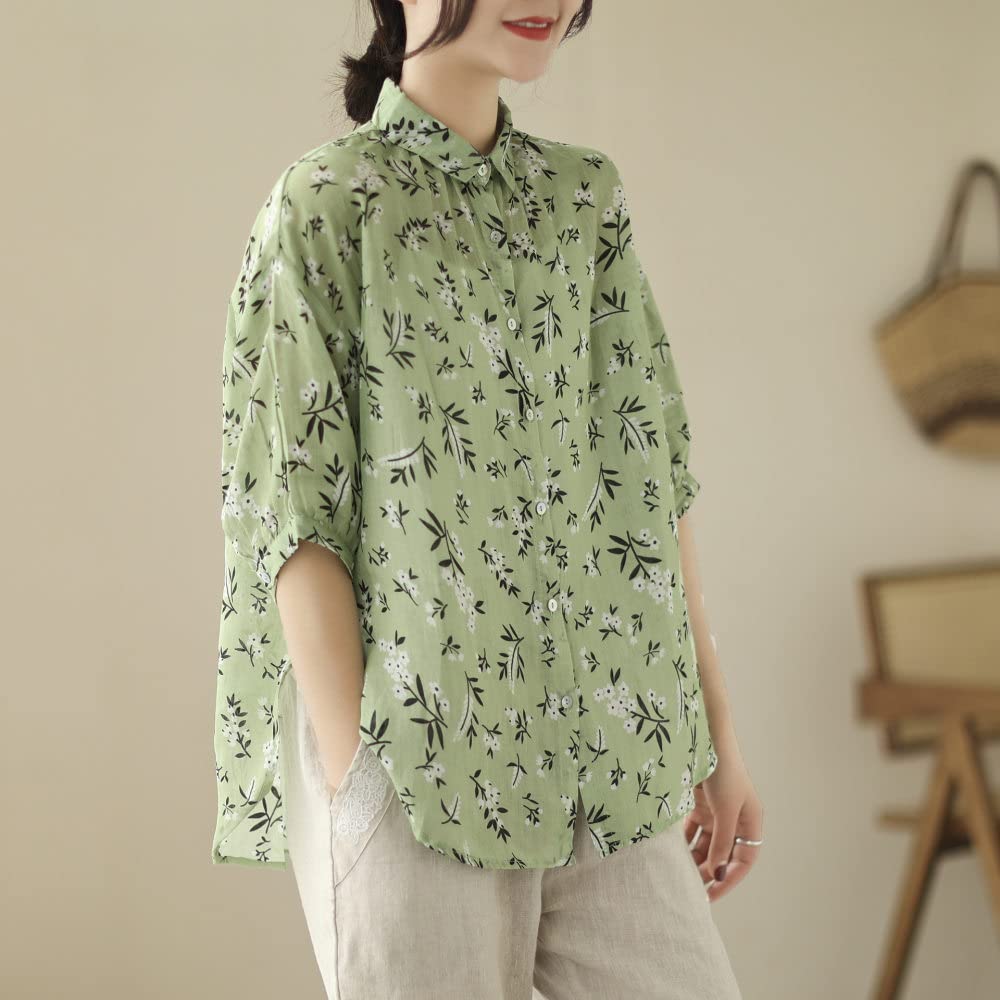 Camicie da Donna,Camicetta da Donna Mezza Manica Verde Camicia Trasparente Cotone Lino Camicie Larghe Tunica Vintage Button Down Camicie Top Fashion Cover Up Office Party Top Camicetta Casual da Uff