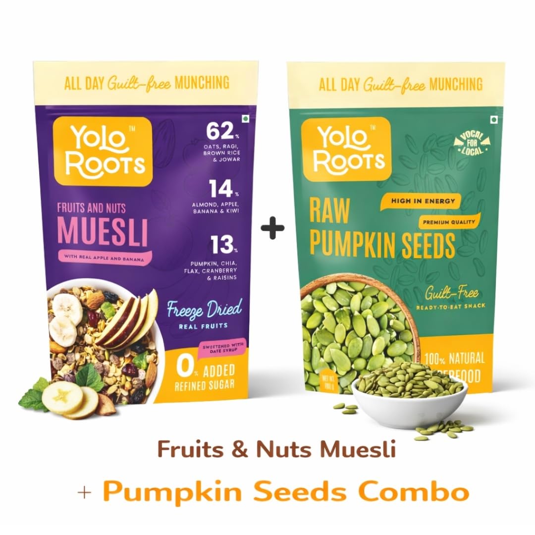 Yolo Roots Fruits & Nuts Muesli 400g & Raw Pumpkin Seeds 200g Combo, No Added Sugar, High Fiber Breakfast Cereal & Protein Rich Superfood Seeds, Healthy Snack with Oats (Pack of 2) 3