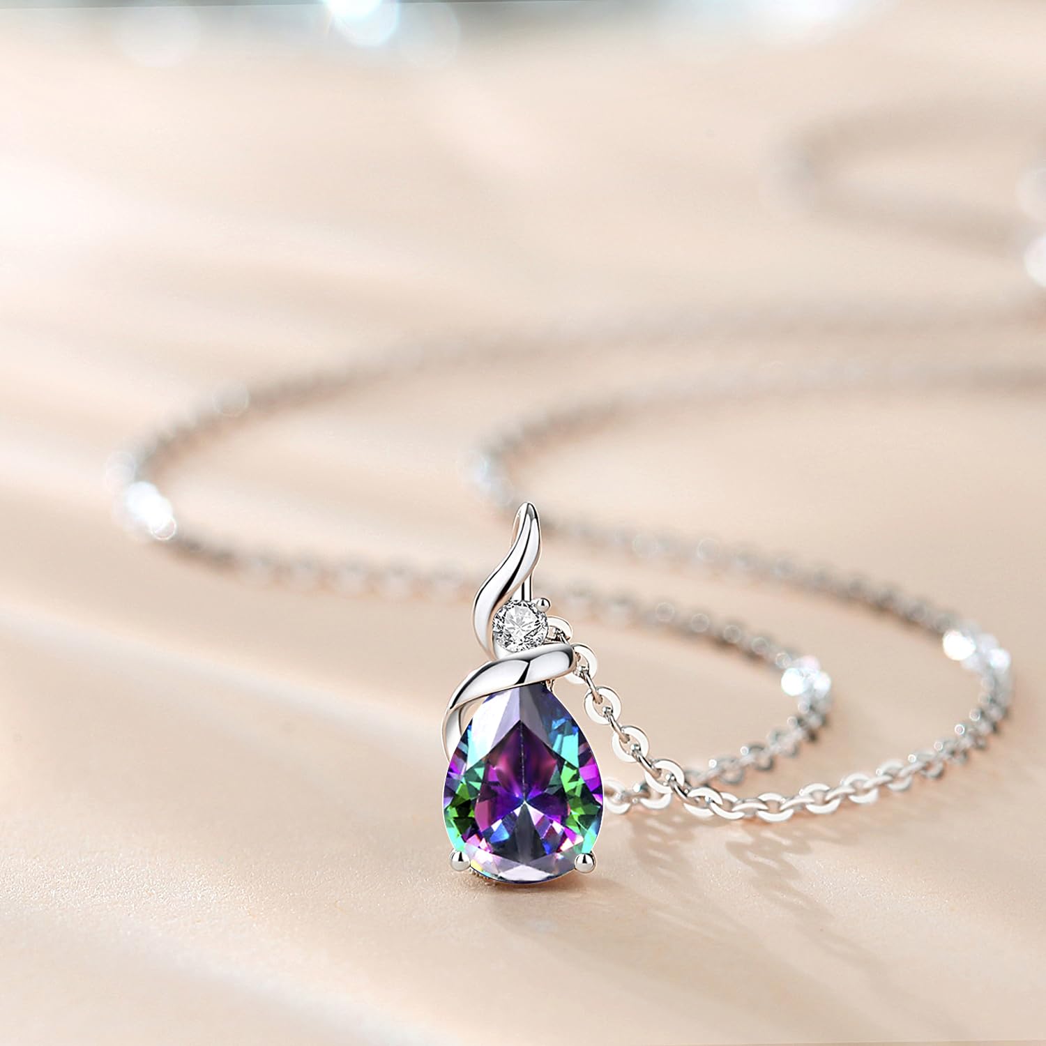 Collana Donna Goccia con Oro Bianco 14 carati Ciondolo e Argento 925 Catena con Zaffiro/Smeraldo/Rubino/Acquamarina/Ametista/Granato/Peridotite/Topazio/Opale/Citrina e Diamanti Naturale Gioielli