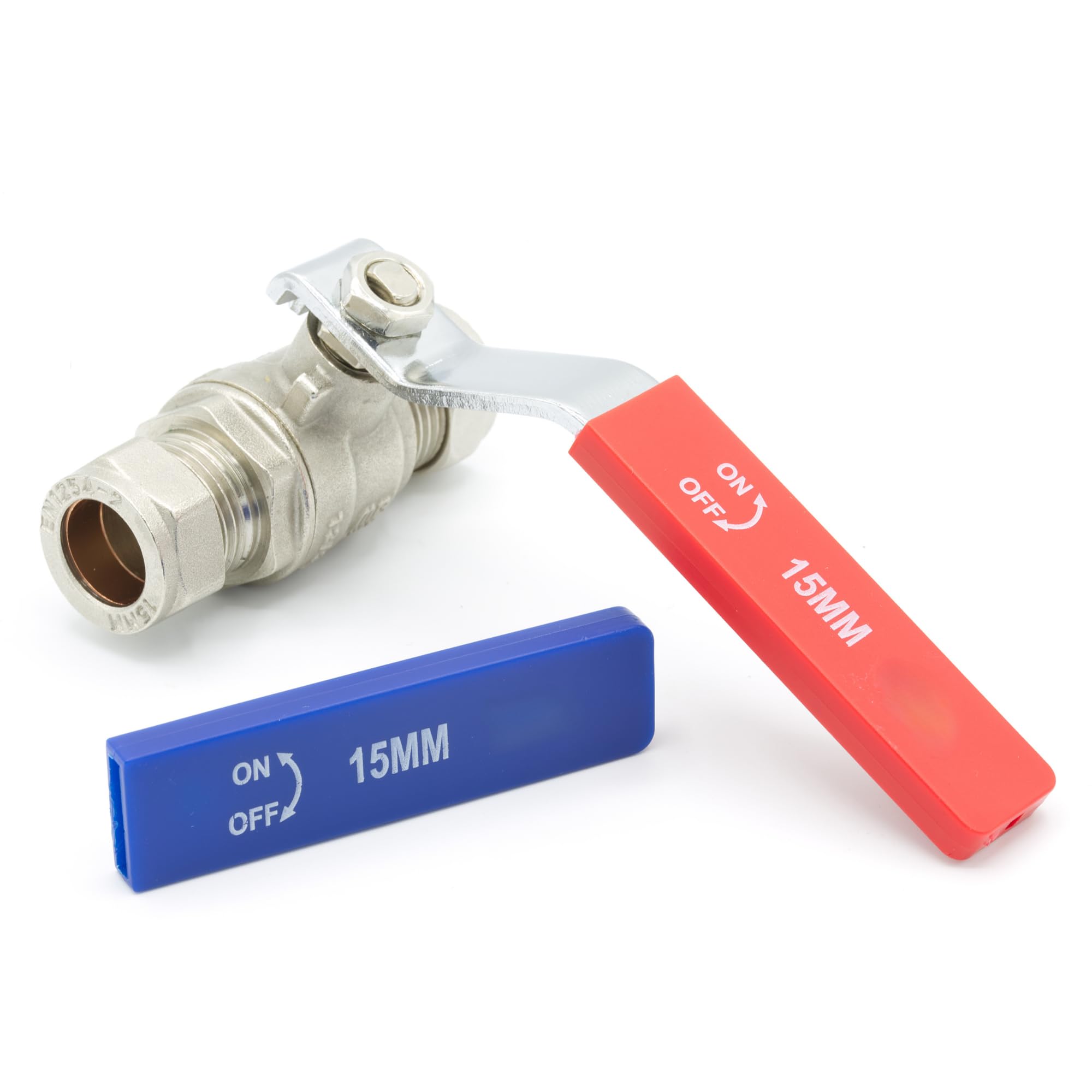 15mm Lever Isolation Valve ISO Compression Fitting Full Bore Water Shut Off with Dual Blue Red Handle Cover WRAS Approved Stop Tap Plumbing Fittings Hot Cold Water Heating
