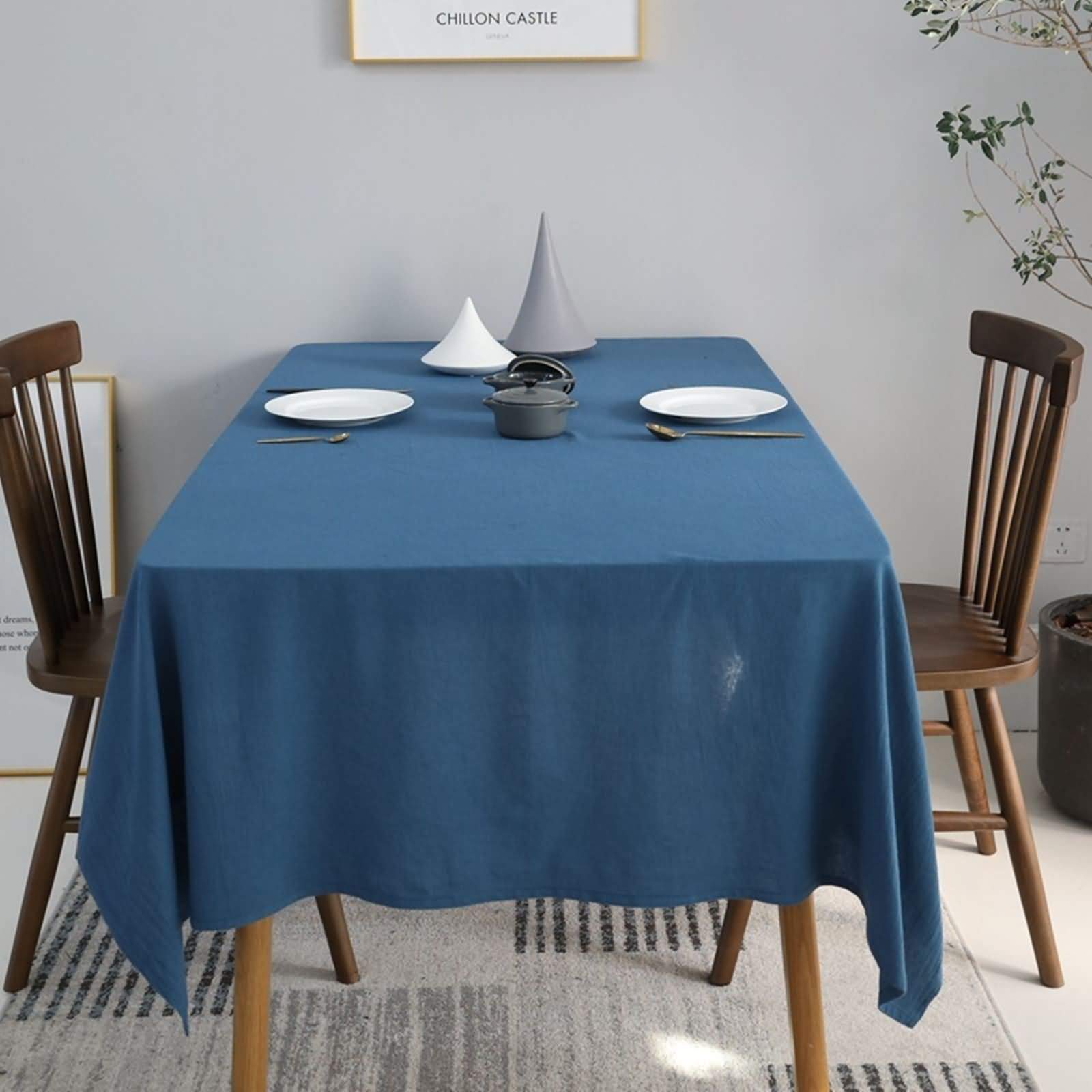 Mantel Rectangular Azul Antimanchas, Color Sólido, de Algodón Suave, 130 x 200 cm, Mantel para Decoración Hogar y Salón
