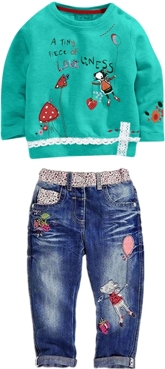 LUKYCILD Toddler Girl Clothes Baby Girl Long Sleeve Top + Jeans Pants with Pockets 2 Piece Outfit Cartoon Clothing Set