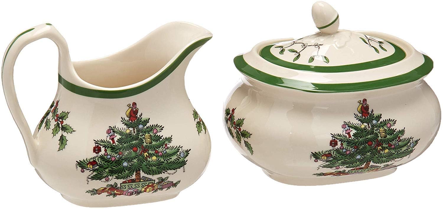 Spode Christmas Tree Sugar & Creamer Set - 16oz Sugar Bowl with Lid & 8oz Creamer - Fine Earthenware Holiday Tea & Coffee Serving Set - Dishwasher Safe Festive Tableware