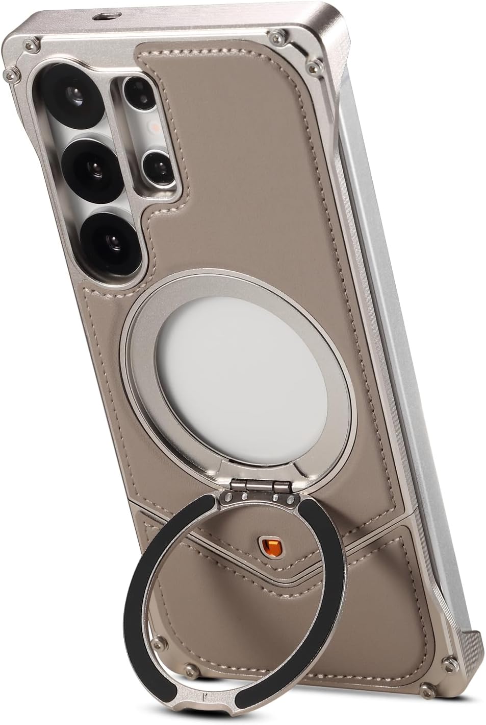 360° Spin Magnetic Stand for Samsung Galaxy S25Ultra Case, Fit for MagSafe,Aluminum Alloy Genuine Leather Ostand with Kickstand Rotatable (Silver, Samsung Galaxy S25 Ultra)