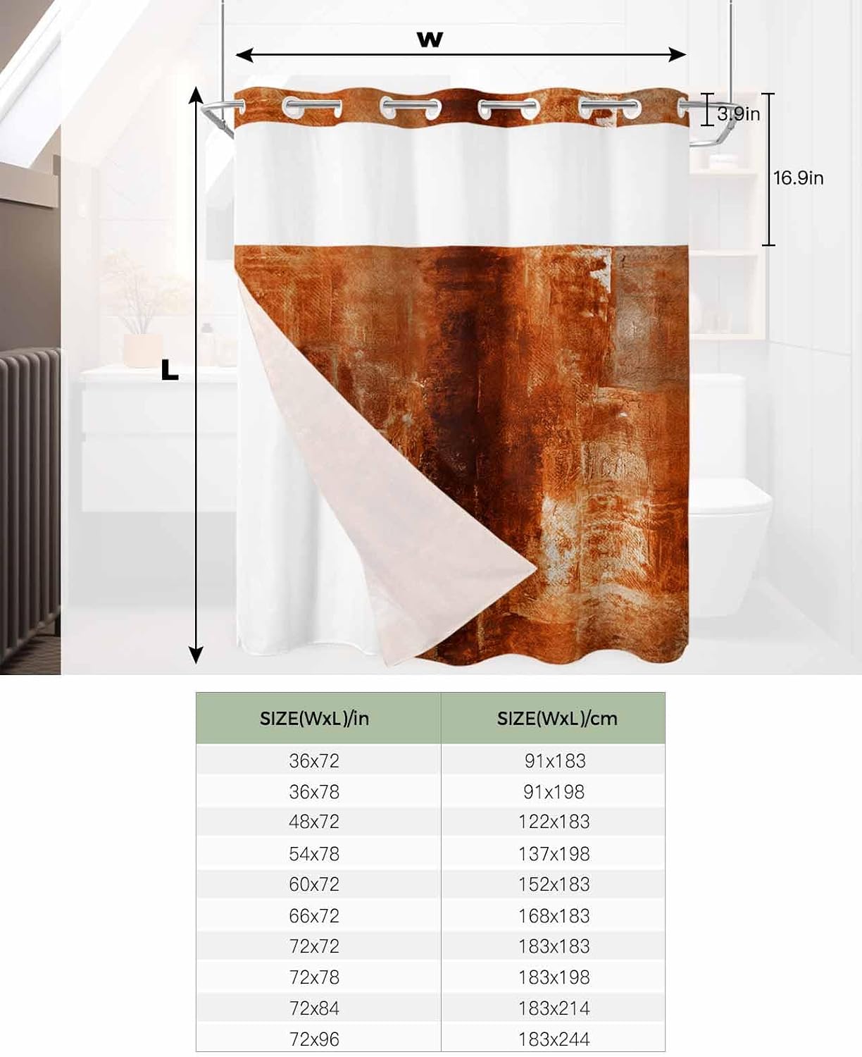 No Hook Shower Curtains, Burnt Orange Waterproof Shower Curtain with Snap in Liner Set, Oil Painting Abstract Geometric Hotel Quality Bathroom Decor, See Through Mesh Top Window - Standard 72"x72"