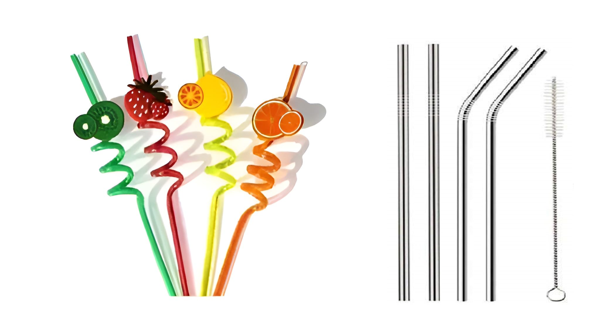 Combo of 4 Stainless Steel Straw with 4 Curly Reusable Plastic Straws for Kids and Adults with Cleaning Brush Long Straws for Drinking Juice- (2-Straight, 2-Bend, 4 Curly, 1-Brush)