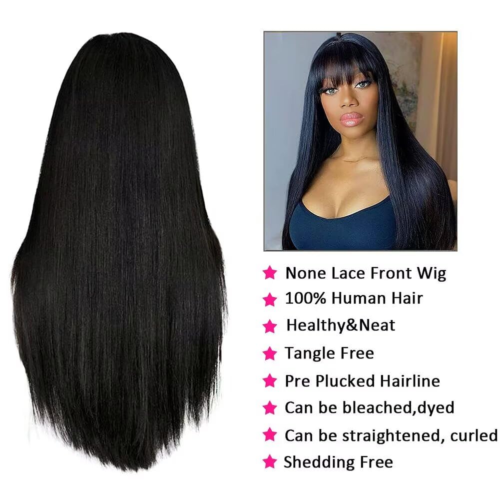 Human Hair Wig for Black Women 16 inch Straight Long Wigs with Bangs None Lace Front Wigs 150% Density Brazilian Virgin Hair Glueless Machine Made Black Wig Natural Color - Image 3