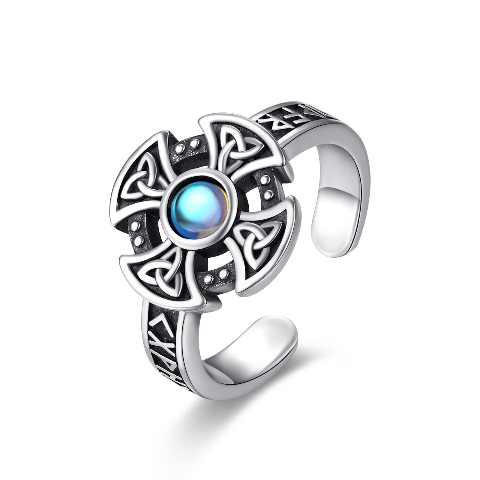 MEDWISEAnillo vikingo de plata de ley 925, cruz celta, piedra lunar, anillo abierto, anillo celta, joyería retro, regalos para mujeres, hombres, hijo, adolescentes, niñas, regalo, Plata de ley