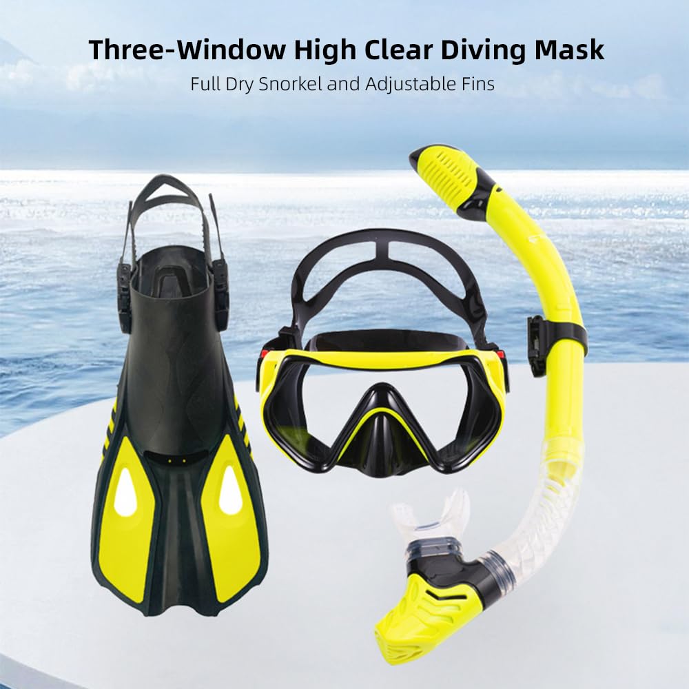Matybobe Gafas de buceo de tres ventanas de alta transparencia con esnórquel de secado completo y aletas ajustables para hombres y mujeres, equipo de buceo