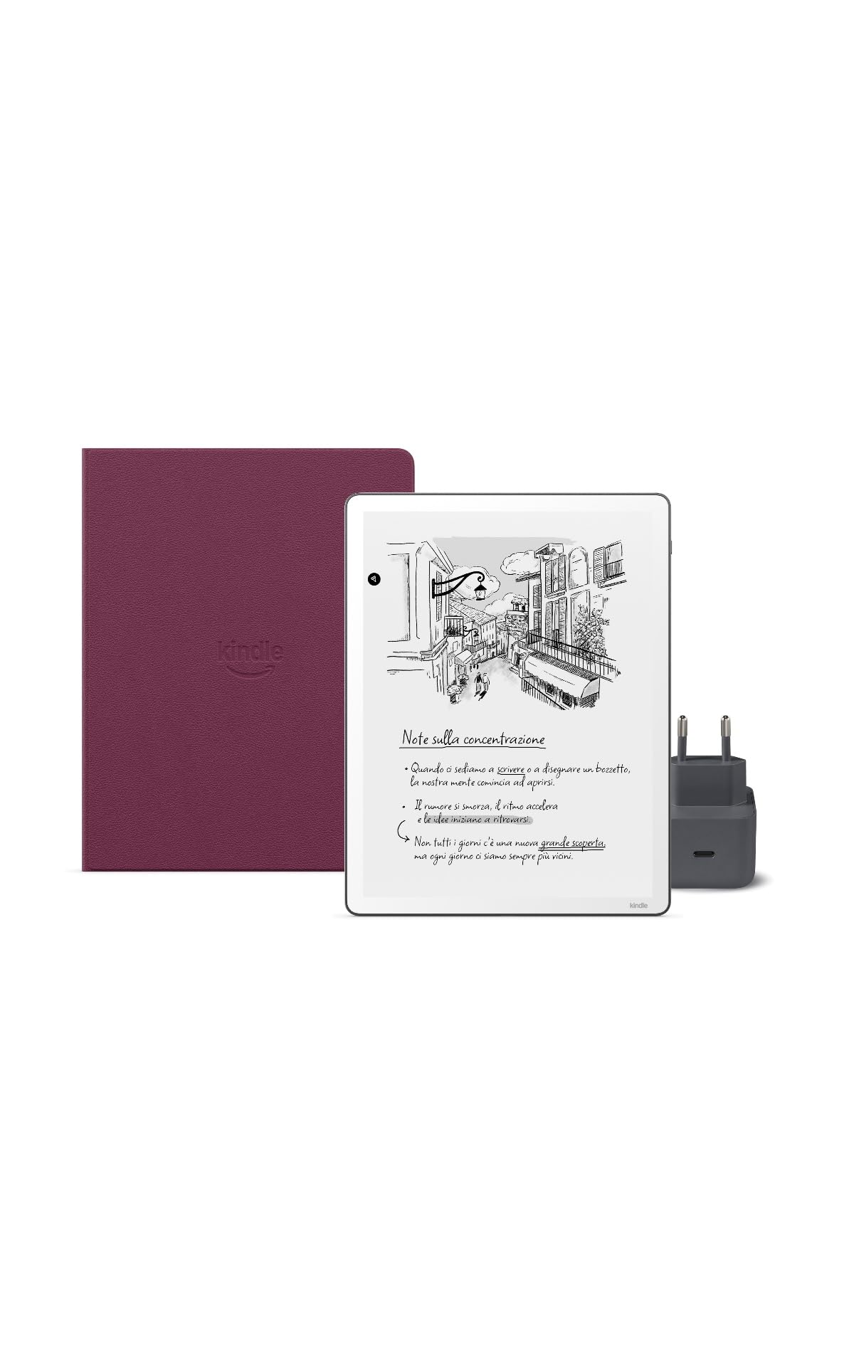 Amazon Kindle Scribe 32 GB (Grafite) + Penna Premium + Cover folio premium - Pelle di prima qualità (Porpora) + USB-C Caricabatterie