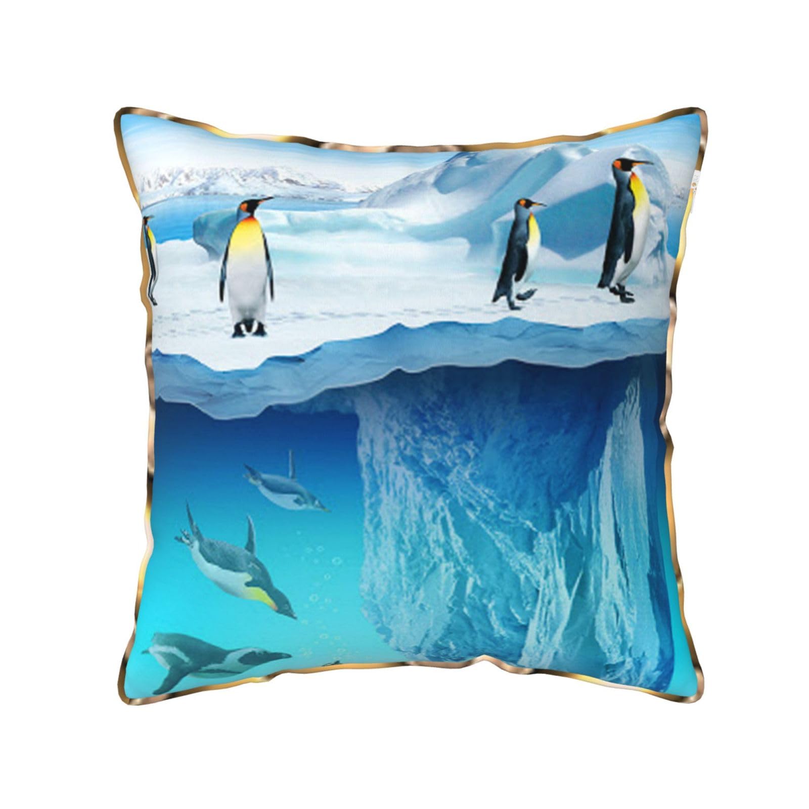 AUBKFELD Penguins On The Iceberg Printed Velvet Cushion Cover 45x45 CM with Gold Edging Strip, Square Pillowcase Soft Throw Pillow Covers Case Decorative for Living Room Sofa Couch Bed Bench