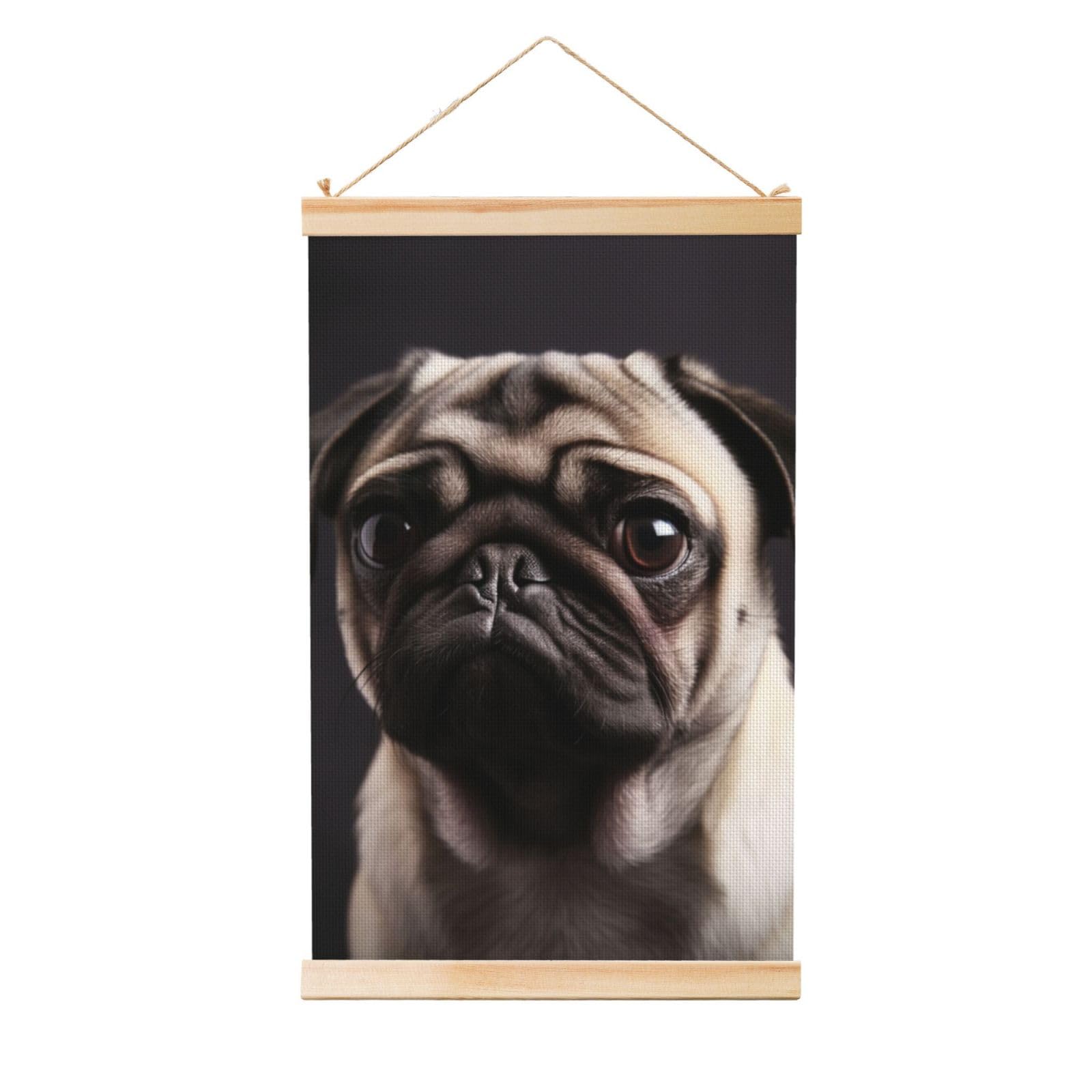pug Poster Wooden Shaft Hanging Poster Wall Hanging Banner Canvas Artwork with Wood Frames 20"x30" Modern Artwork Decor Ready to Hang Wall Art for Home Decor Scroll Painting