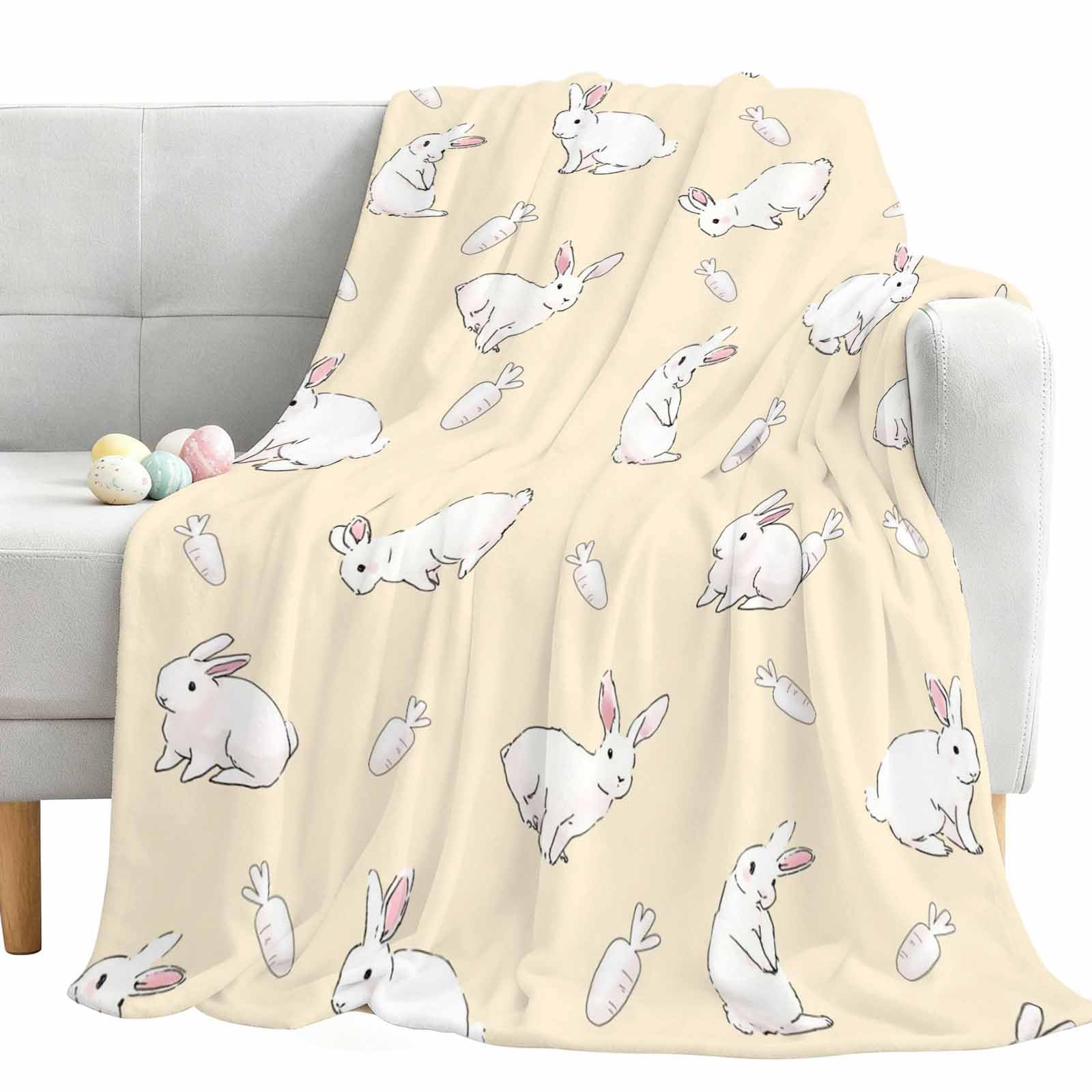 Easter Rabbit Throw Blanket 30" x 40", Cute White Bunny Carrots Yellow Background Super Soft Blue Flannel Fleece Blankets Lightweight Cozy Warm Plush Bed Throws for Couch Sofa Travel Camping