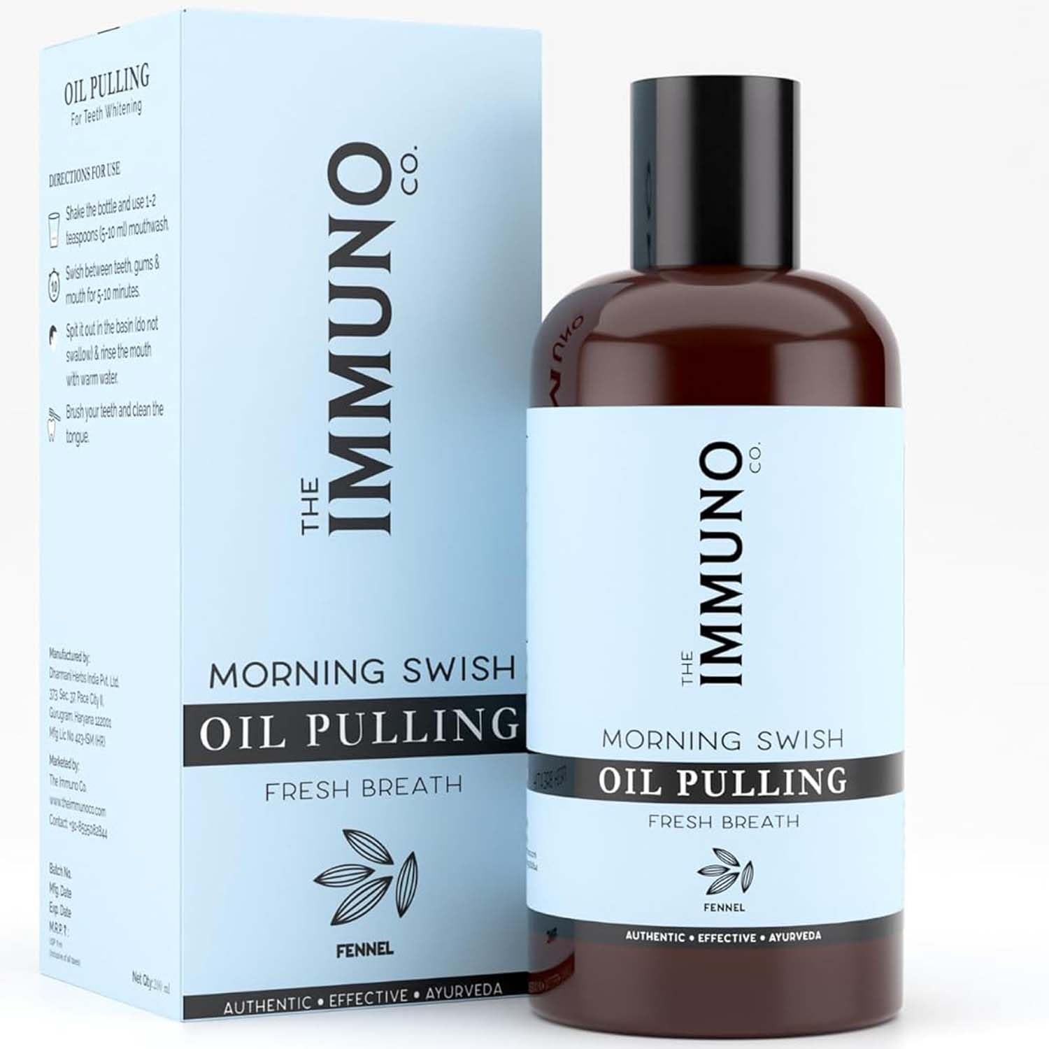 The IMMUNO Co. Oil Pulling| Ayurvedic Dental Mouthwash For Healthier Teeth & Gums| Fresh Breath| Fennel Flavour 200ml