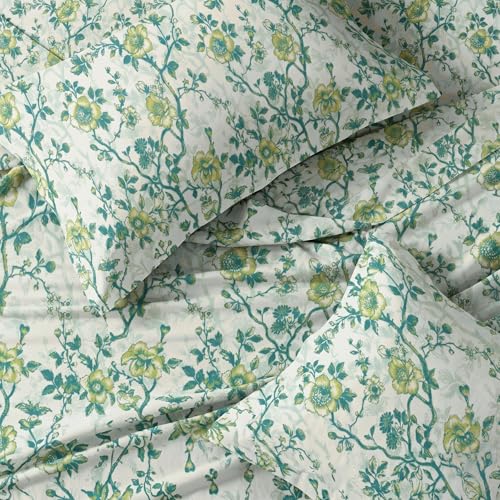 Image of LANE LINEN Symphony | 100% Cotton Sheet Set | Soft & Breathable Fabric | 3 Piece (1 Bedsheet + 2 Pillow Covers) | Super King Bed Sheet Set - Mint and Aqua Flower