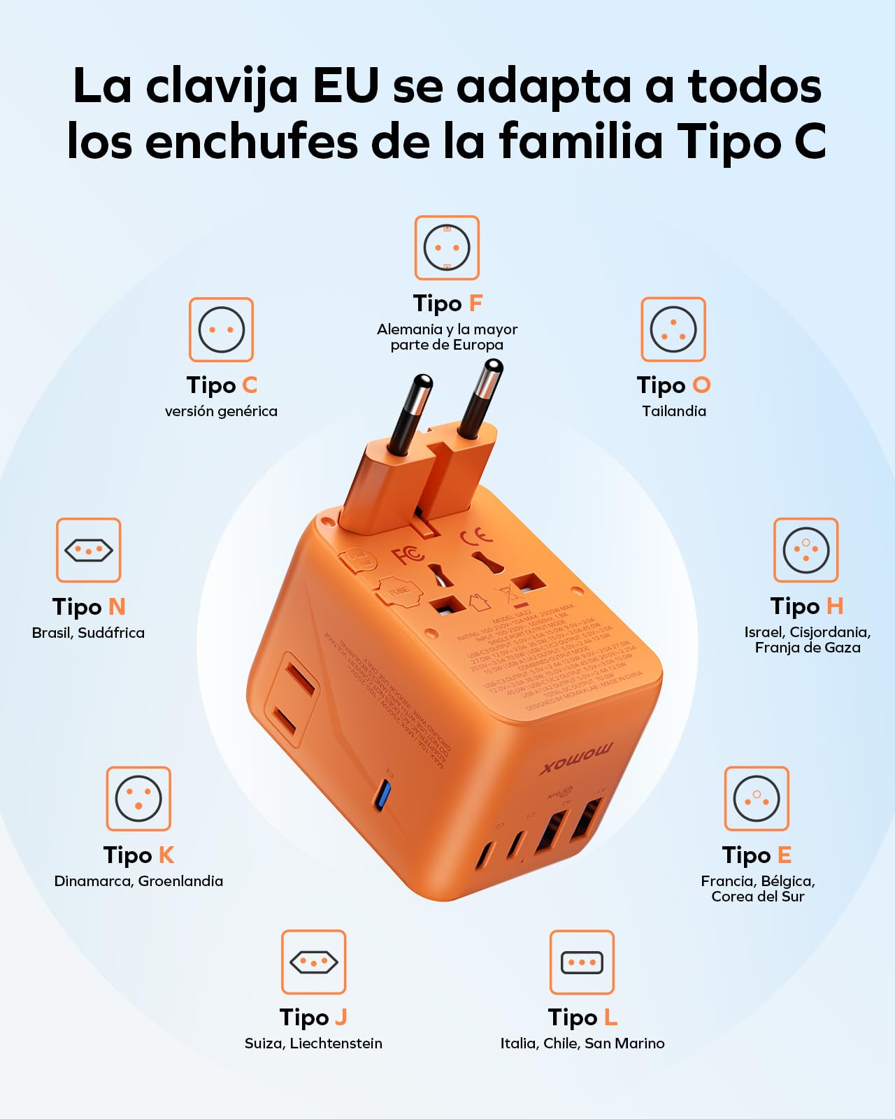 MOMAX Adaptador Enchufe Universal,70W GAN Enchufe Universal con 2 CA 3 USB C y 2 USB A, Adaptador Universal Enchufe Viaje, Adaptador de Viaje para Inglaterra, EE. UU., Japón, Tailandia y Australia