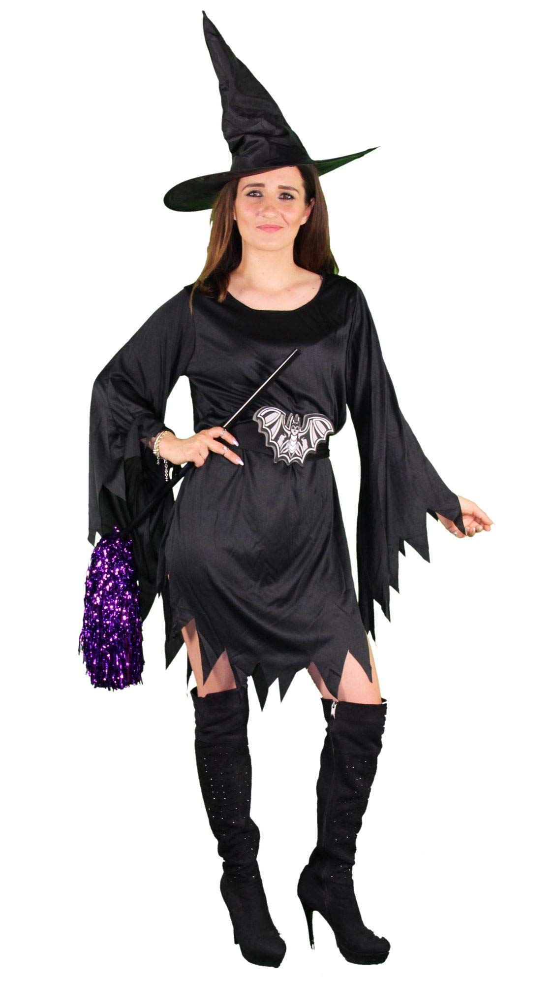 Hexen Kostüm Damen Lila/schwarz – Inkl. Kleid, Gürtel & Hexenhut, Größen M-XXXXL, Für Halloween & Karneval